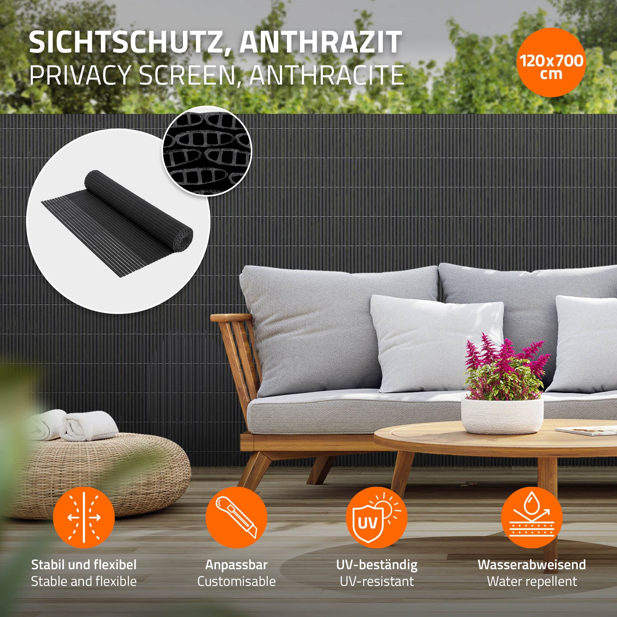 Sichtschutz in Anthrazit, stabil und flexibel, auf einer Couch platziert.