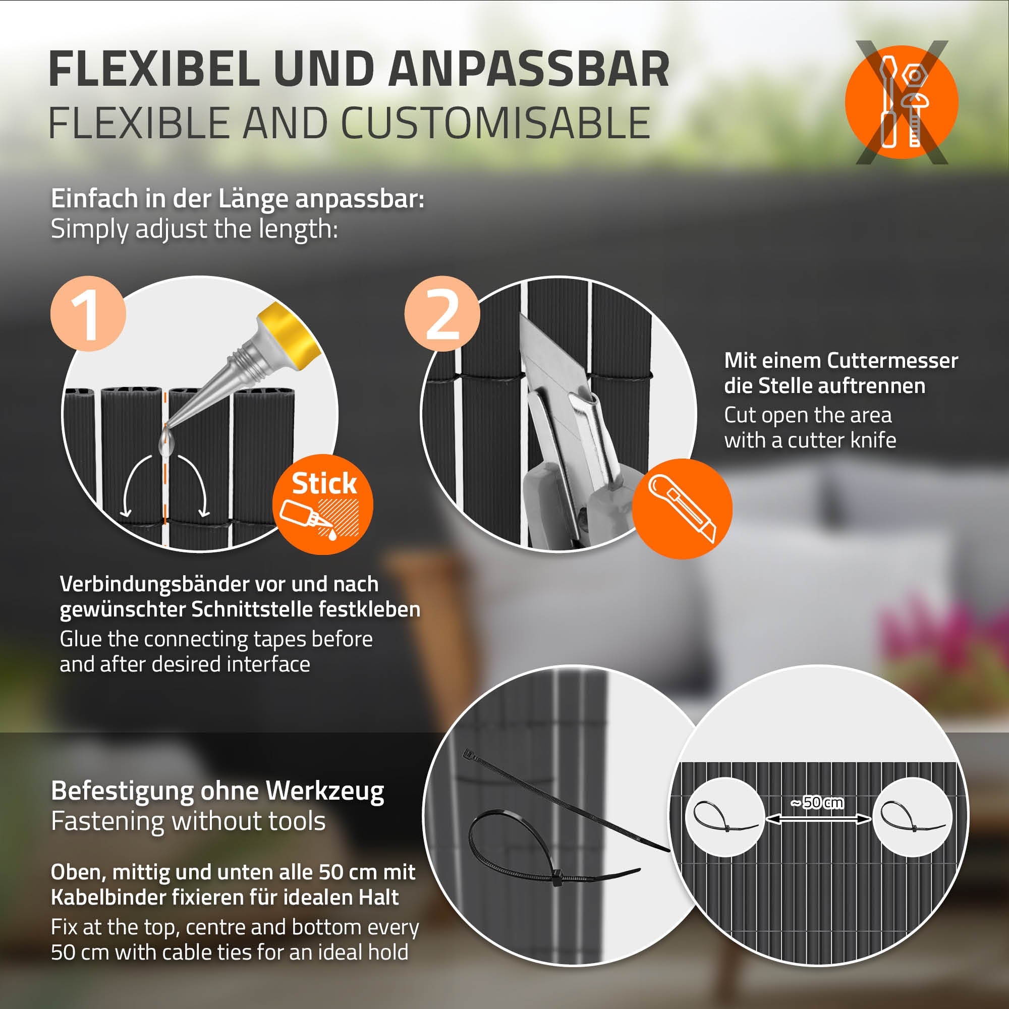 Anleitung zur Anpassung eines Sichtschutzes mit Werkzeugen und Kleber.