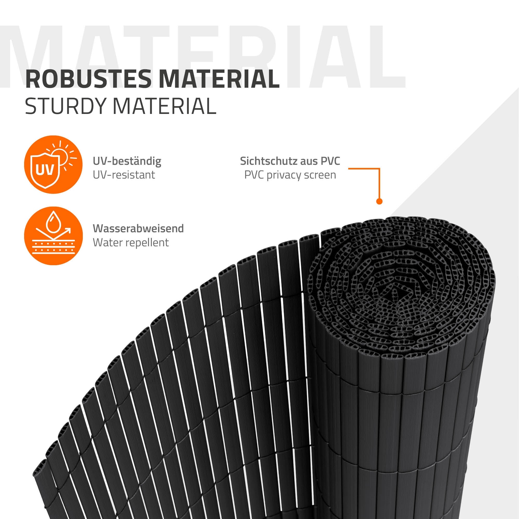 Grafik mit Informationen zu robustem, UV-beständigem PVC-Material.