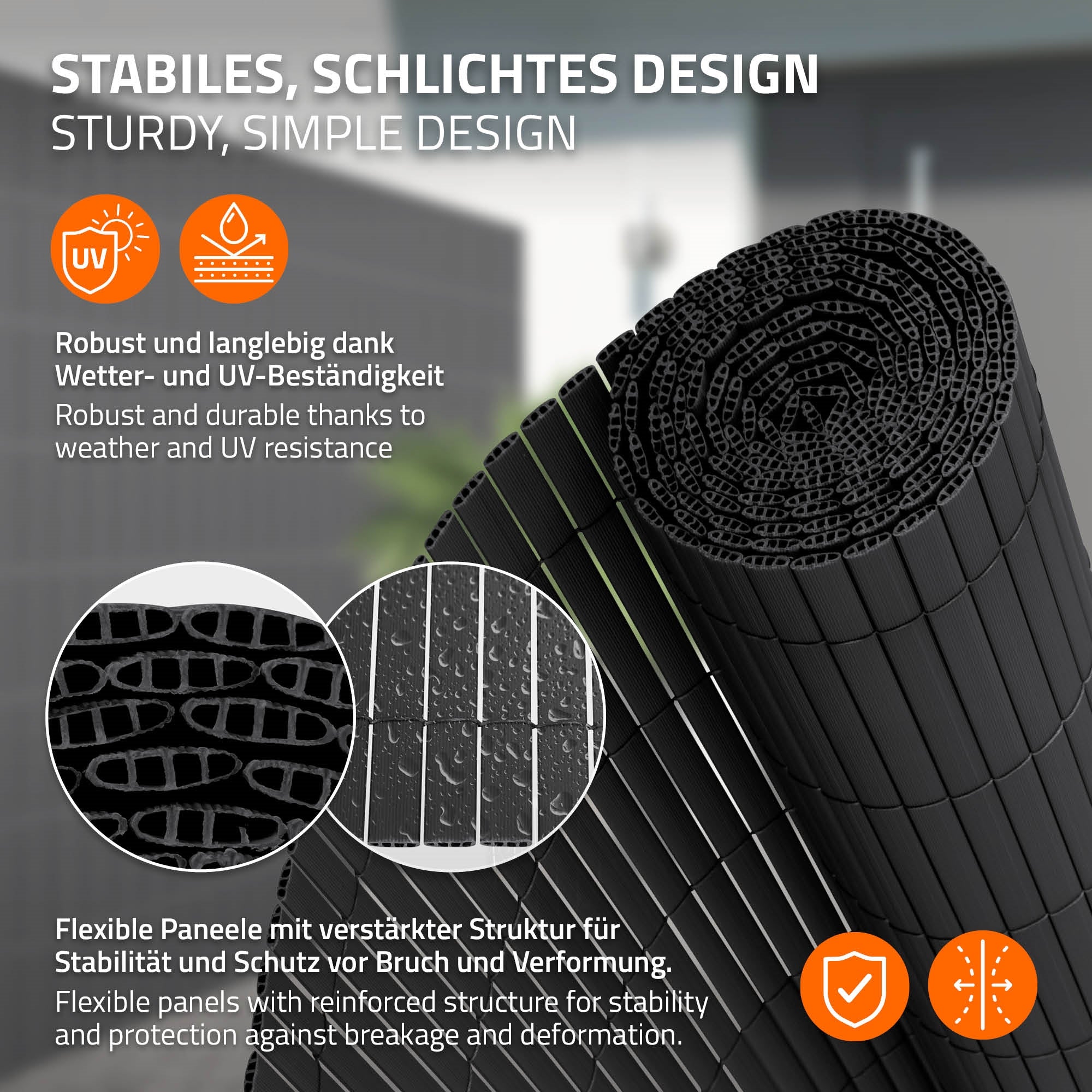 Schwarze flexible Paneele auf einem grauen Hintergrund, mit Text über Design und Stabilität.
