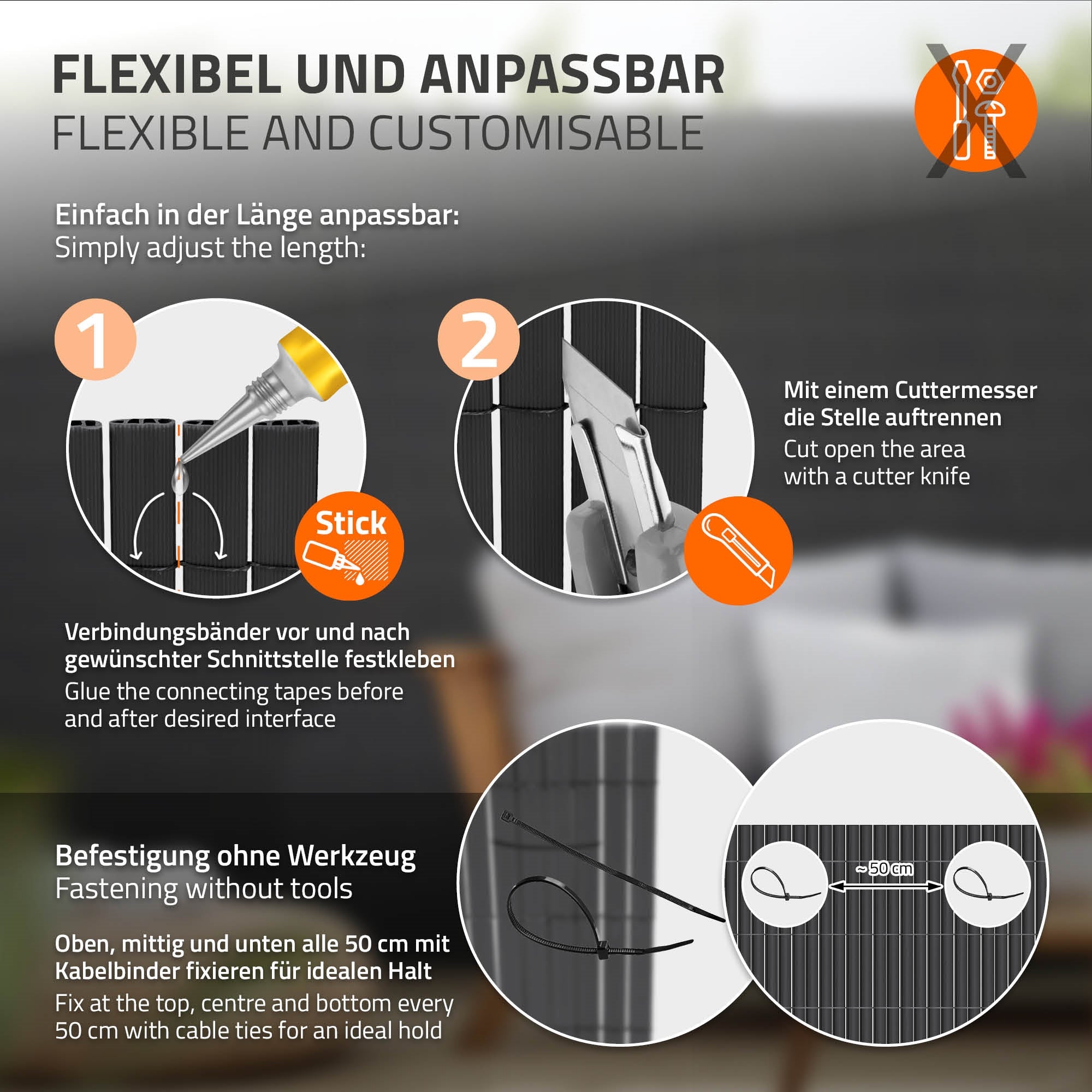 Werkzeugloses Befestigungssystem für flexible Paneele.