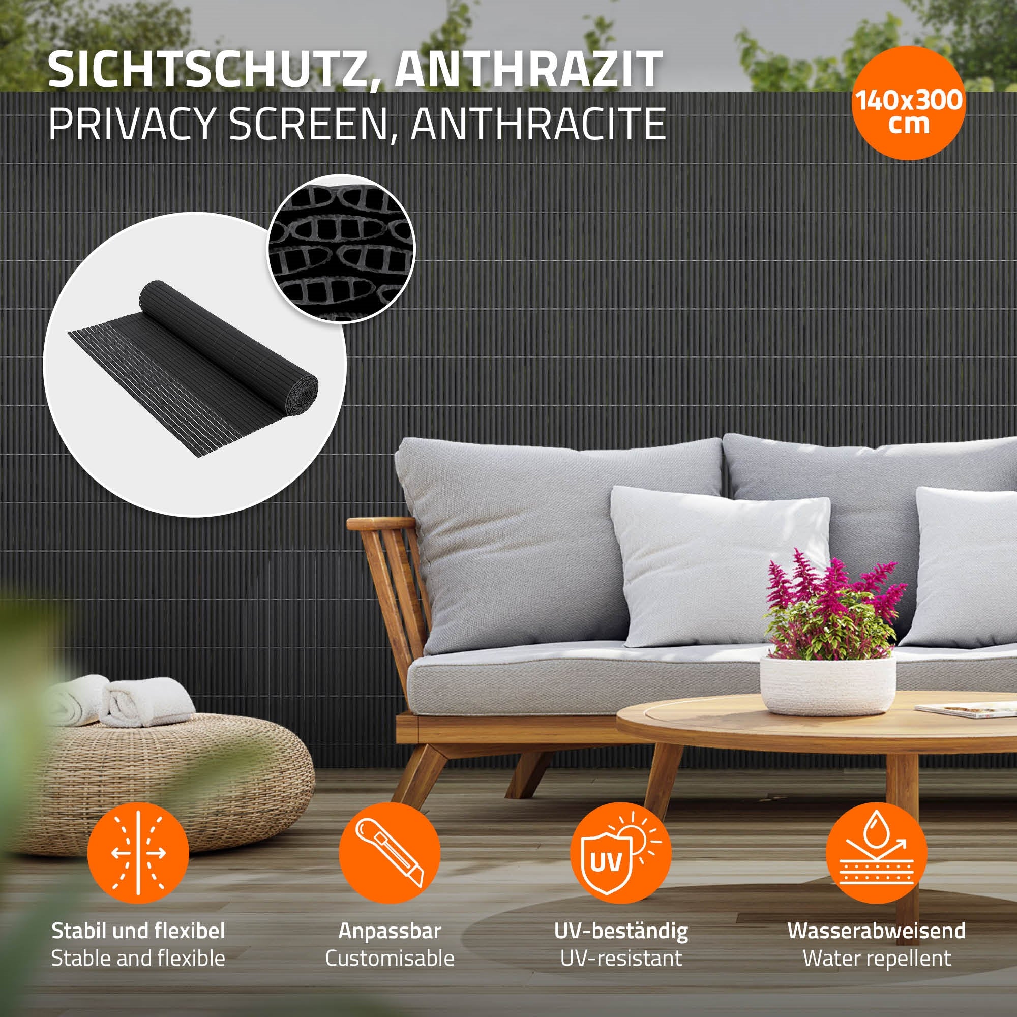 Sichtschutz in Anthrazit, stabil und flexibel, mit einem Muster und Maßen von 140x300 cm.