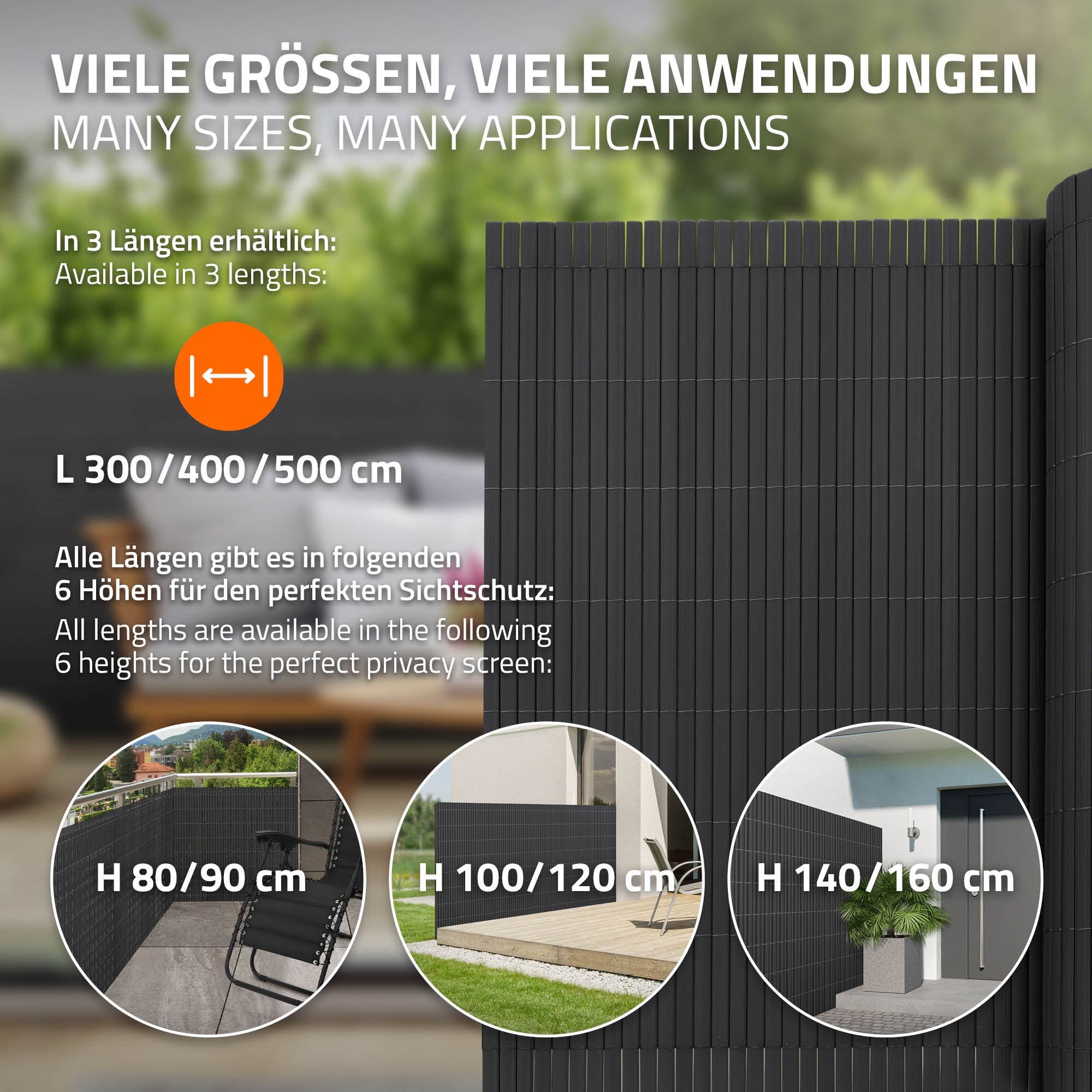 Grafik mit verschiedenen Größen und Anwendungen für Sichtschutz.