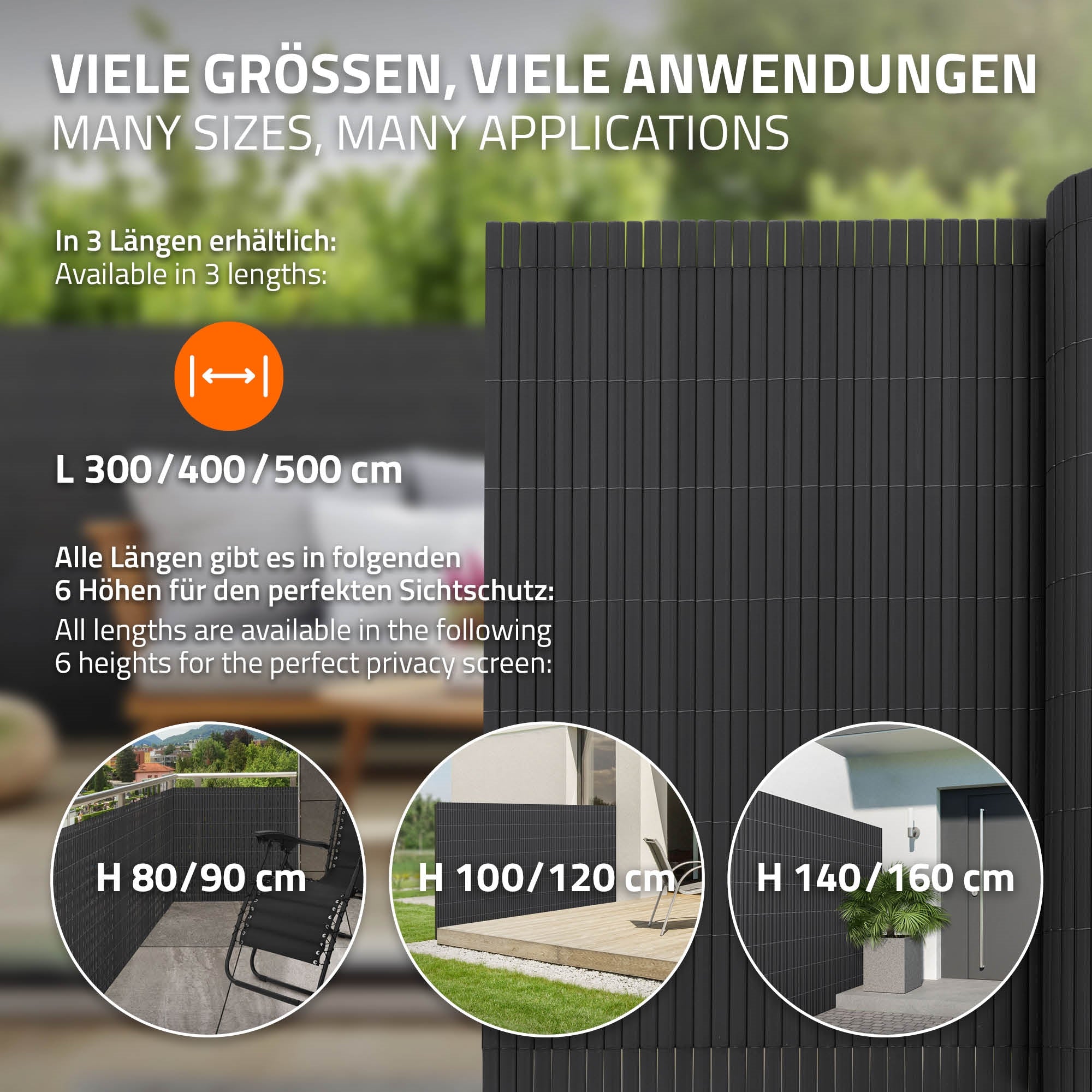 Grafik mit verschiedenen Größen und Anwendungen für Sichtschutz.