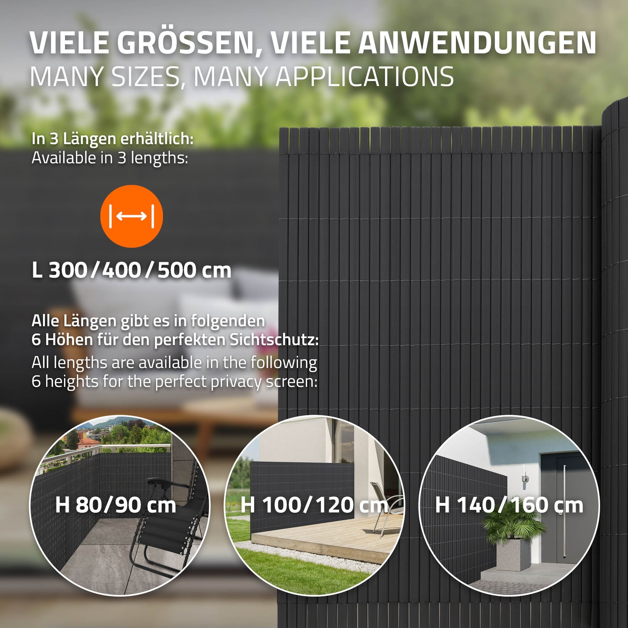 Informationen zu verschiedenen Größen und Anwendungen eines Sichtschutzes.