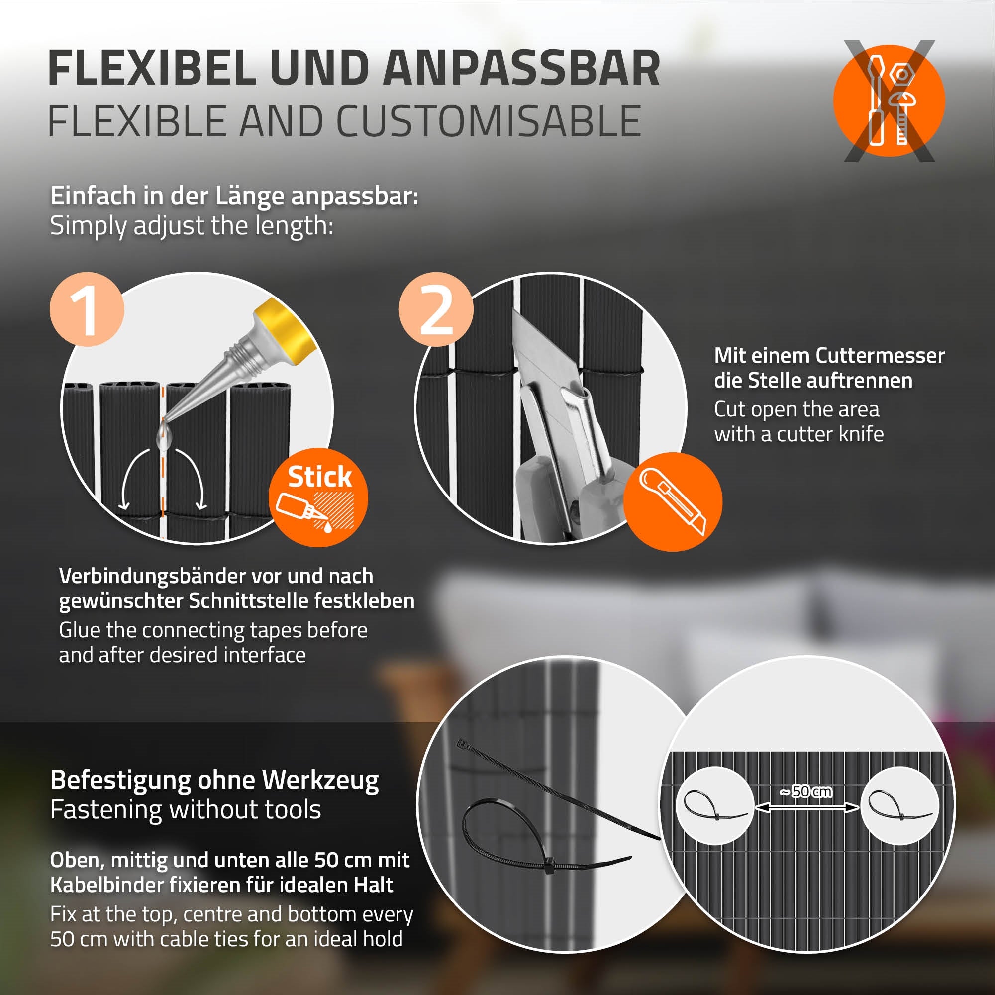 Grafik med instruktioner til fleksibel tilpasning af et produkt uden værktøjer.