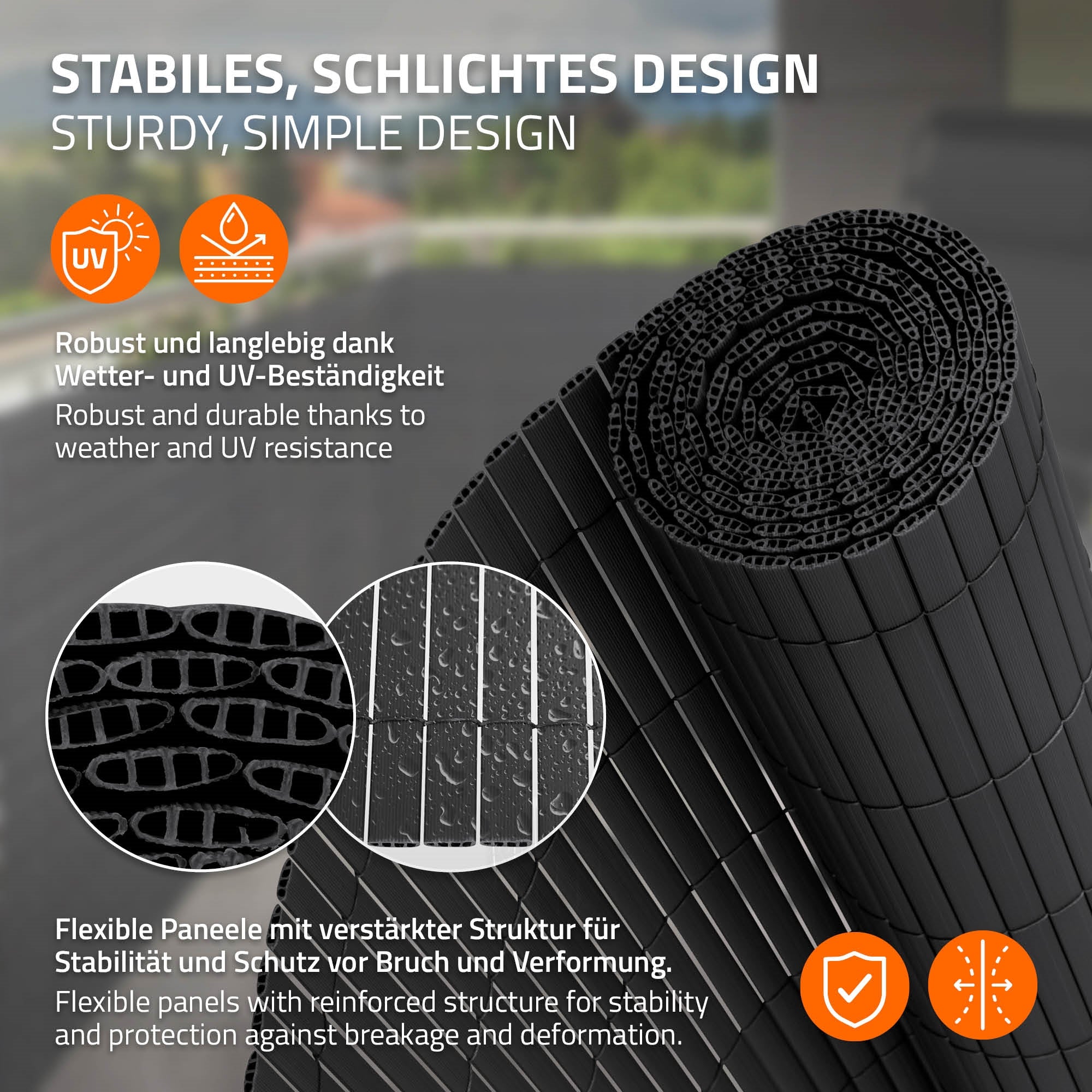 Grafik mit flexiblen Paneelen, die Stabilität und UV-Beständigkeit zeigen.