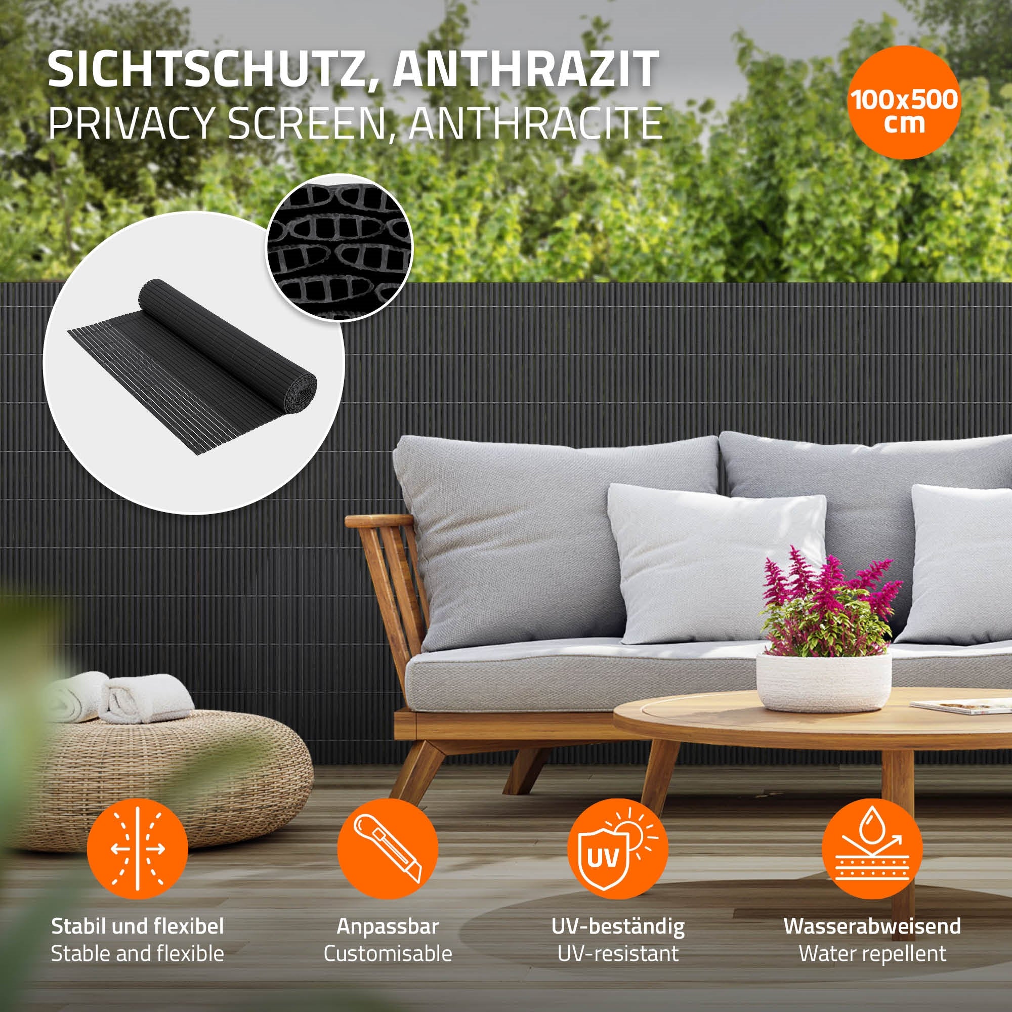 Sichtschutz in Anthrazit, präsentiert auf einer Terrasse.