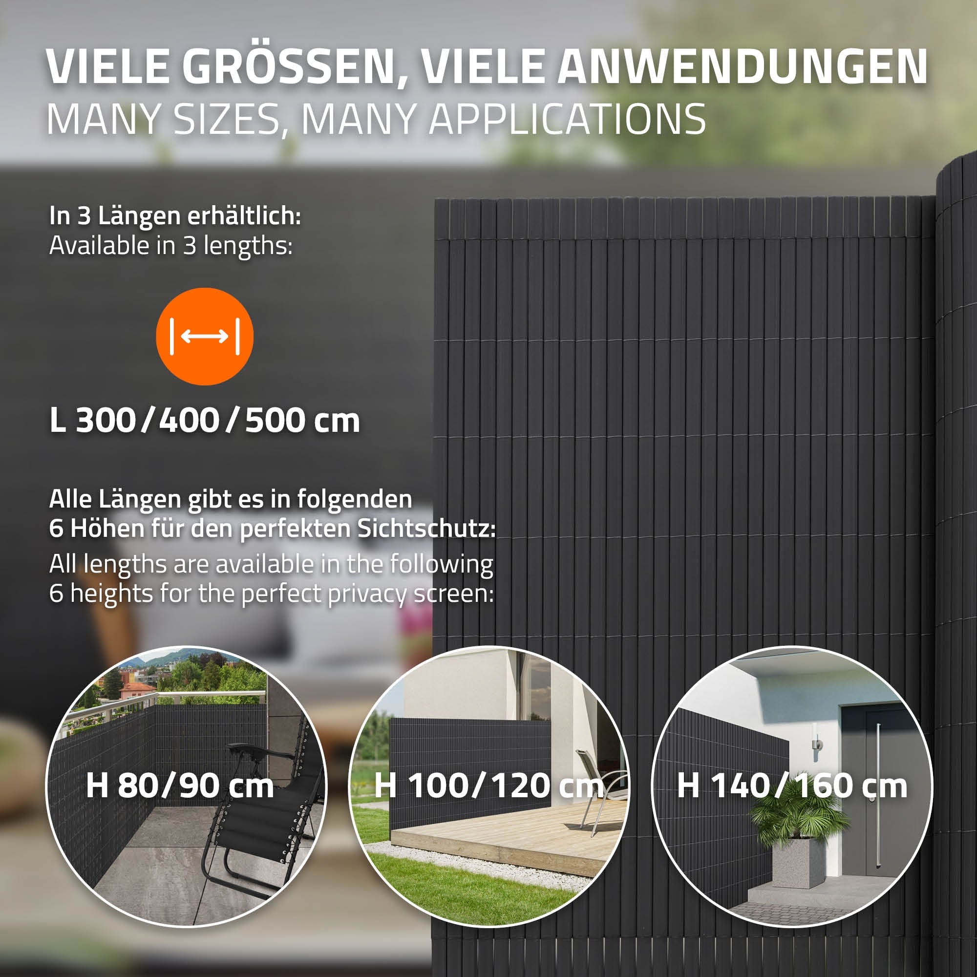 Informationen zu verschiedenen Größen und Anwendungen von Sichtschutz.