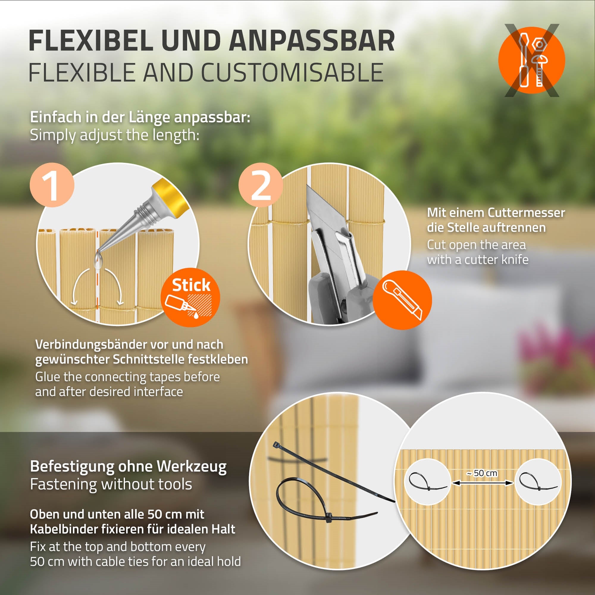Anleitung zur Anpassung eines Sichtschutzes mit Werkzeugen und Materialien.