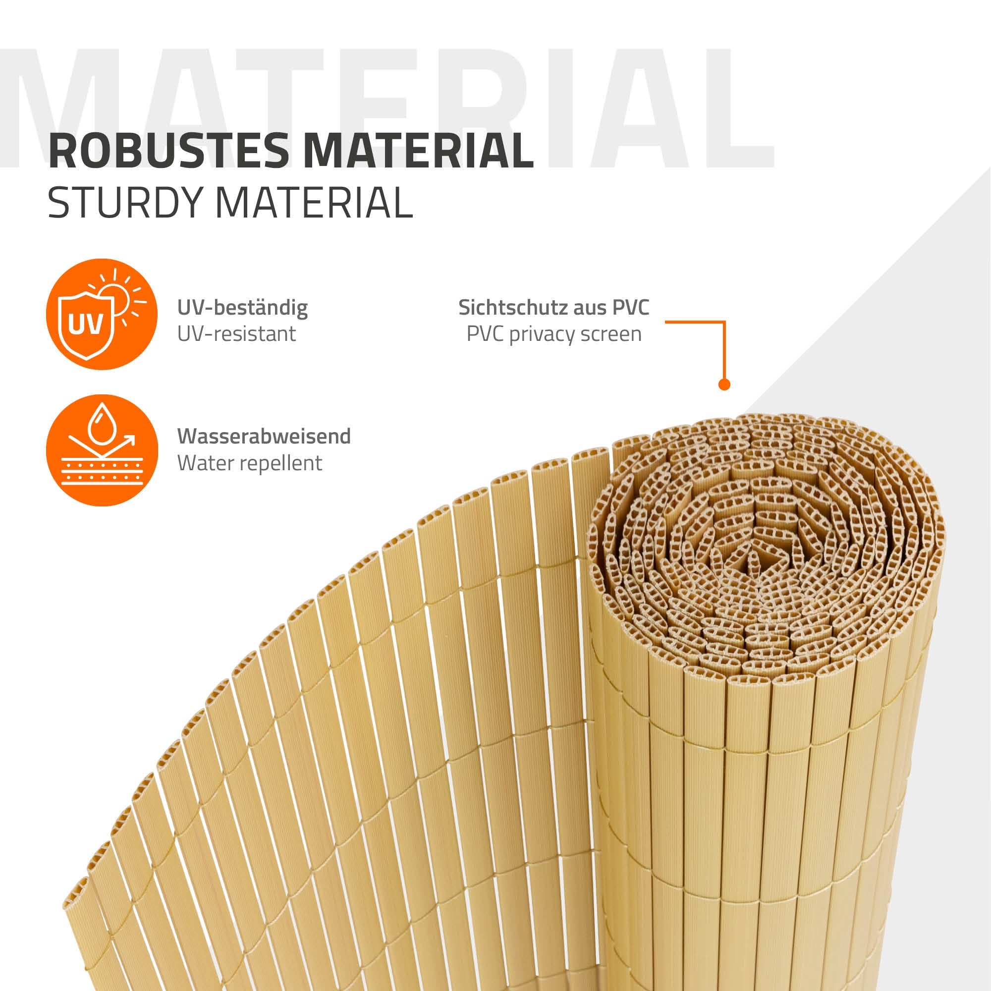 Eine Rolle aus robustem PVC-Sichtschutz mit Informationen über das Material.