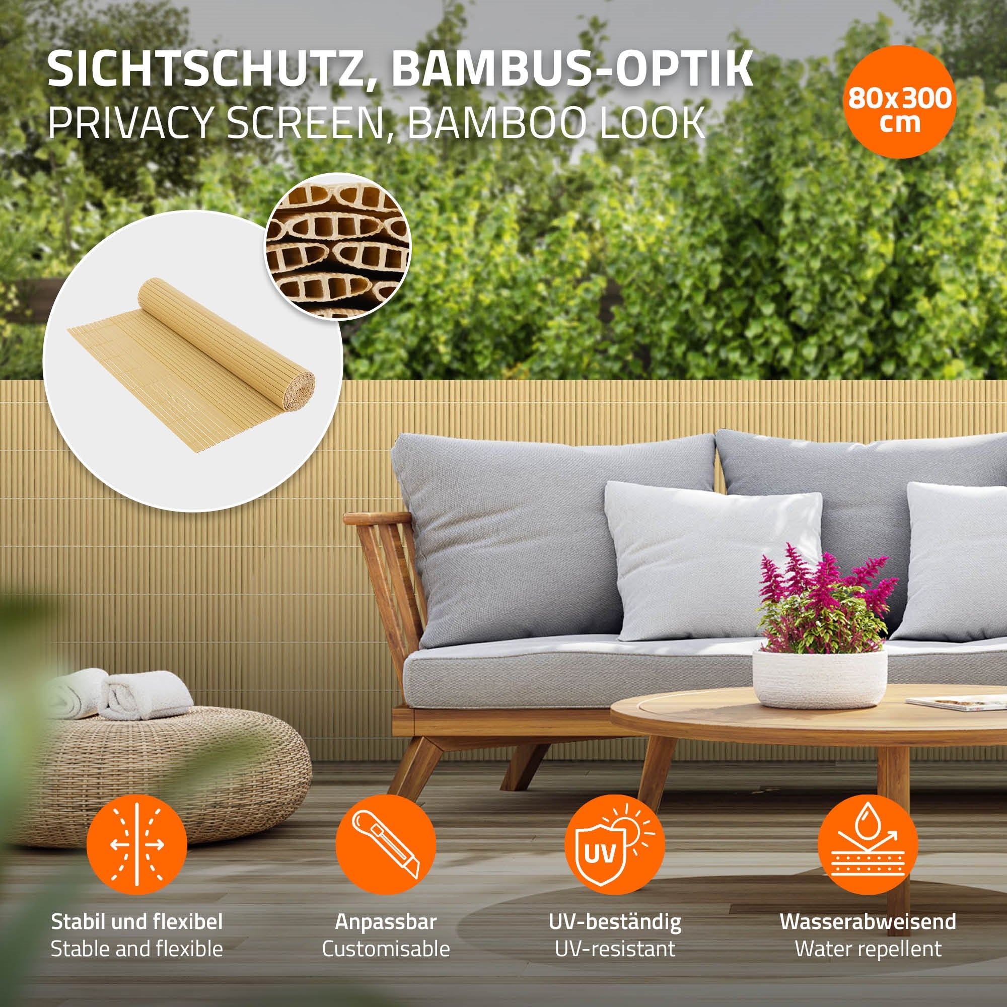 Sichtschutz in Bambus-Optik, wasserabweisend und UV-beständig.