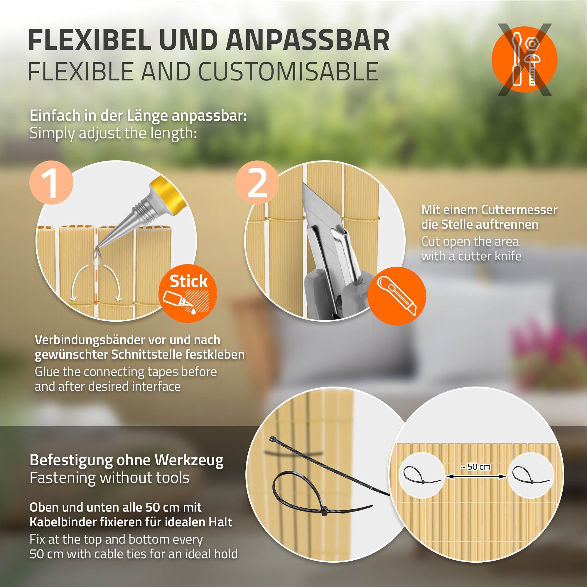 Anleitung zur Anpassung eines flexiblen Sichtschutzes mit Cutter und Kleber.