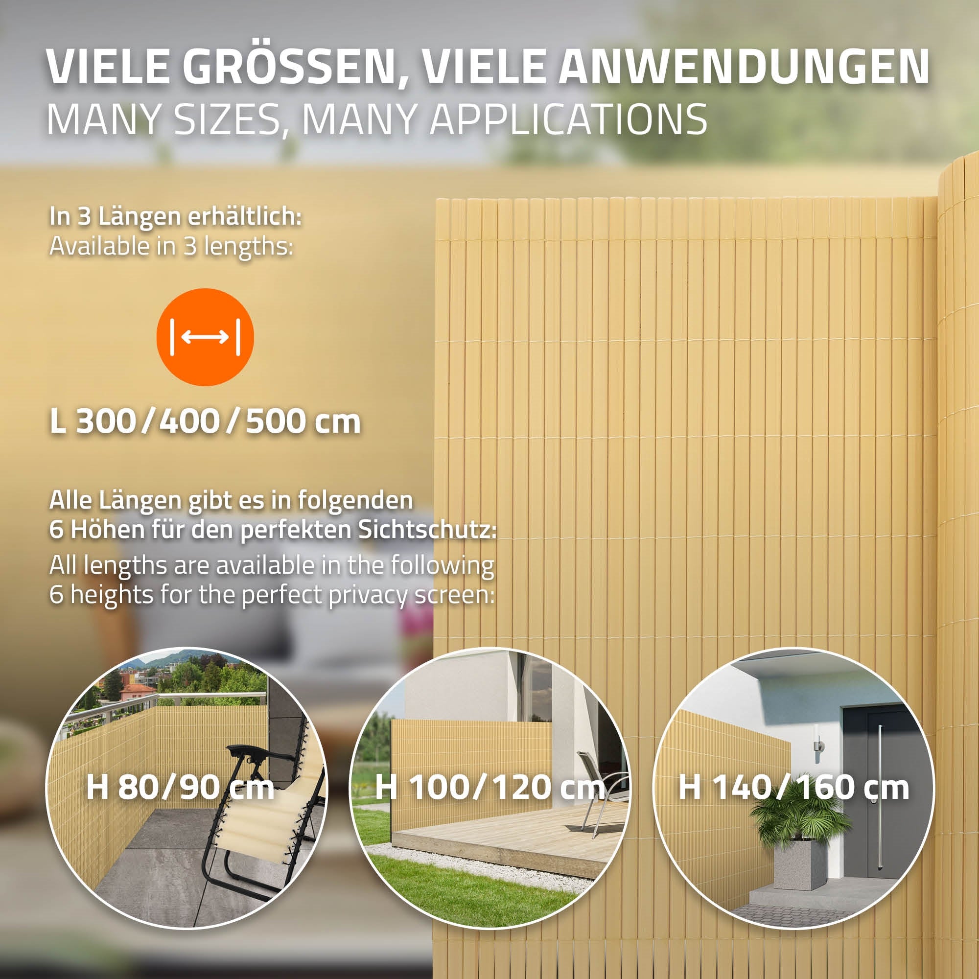 Informationen zu verschiedenen Größen und Höhen für Sichtschutz.