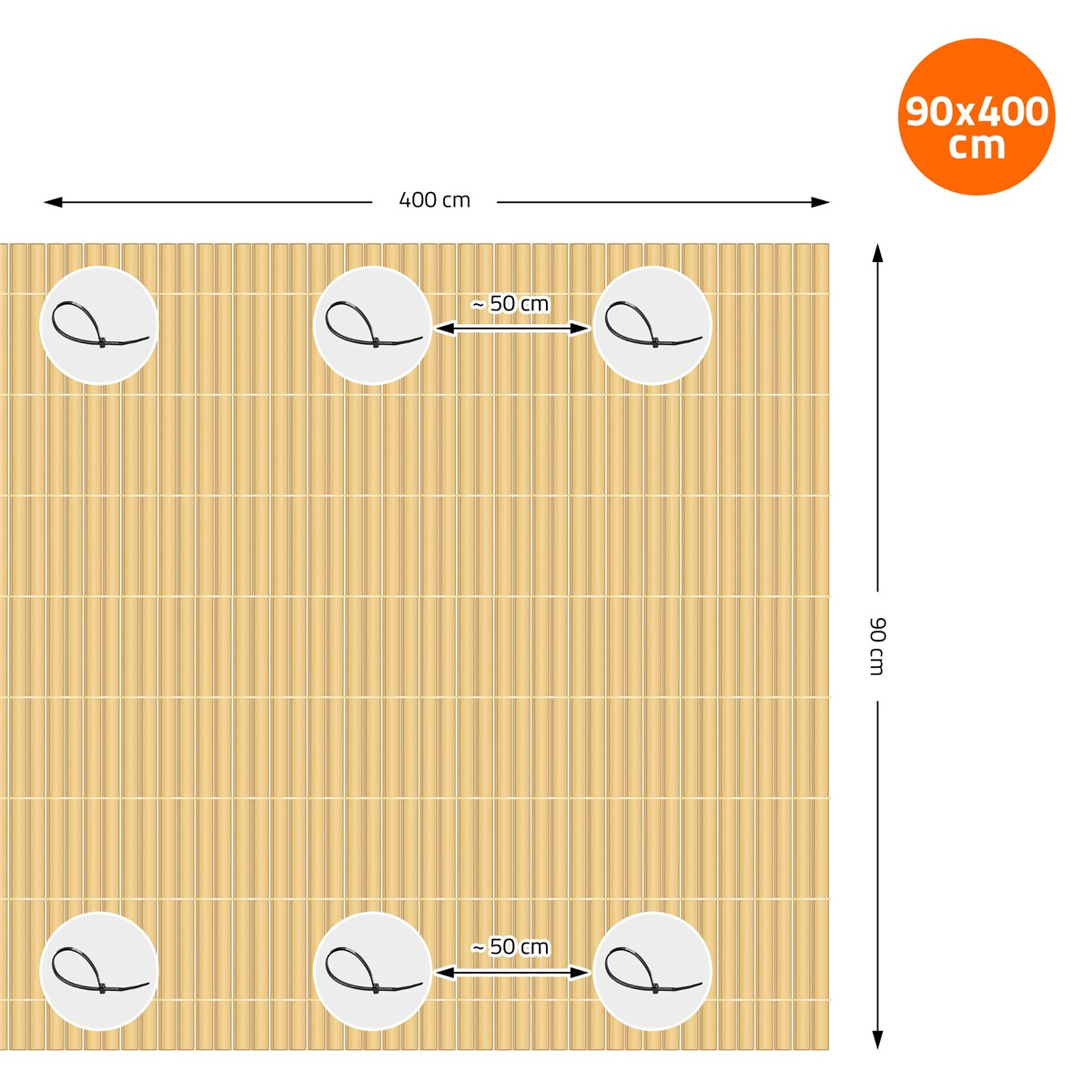 Egy 90x400 cm méretű belátásgátló méretezett vázlata.