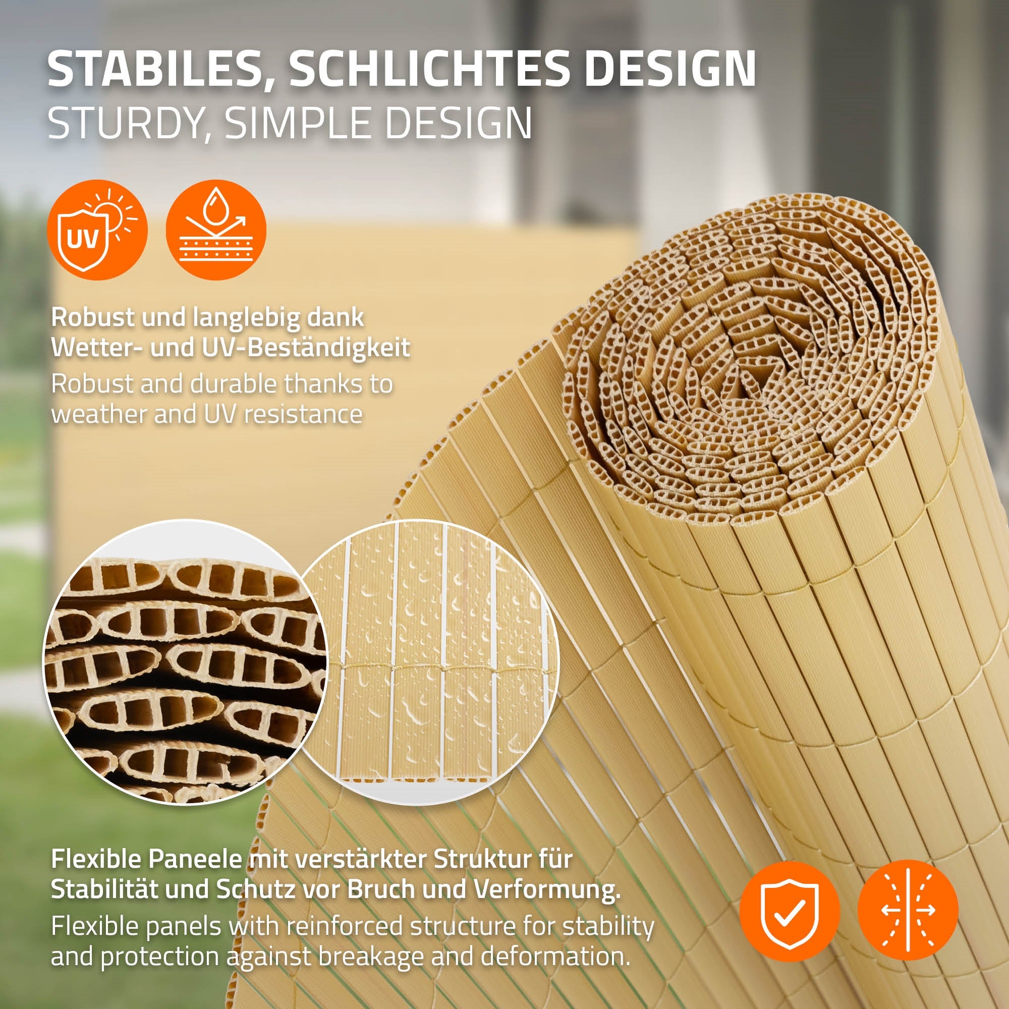 Paneles flexibles con estructura estable, resistentes a la intemperie y a los rayos UV.