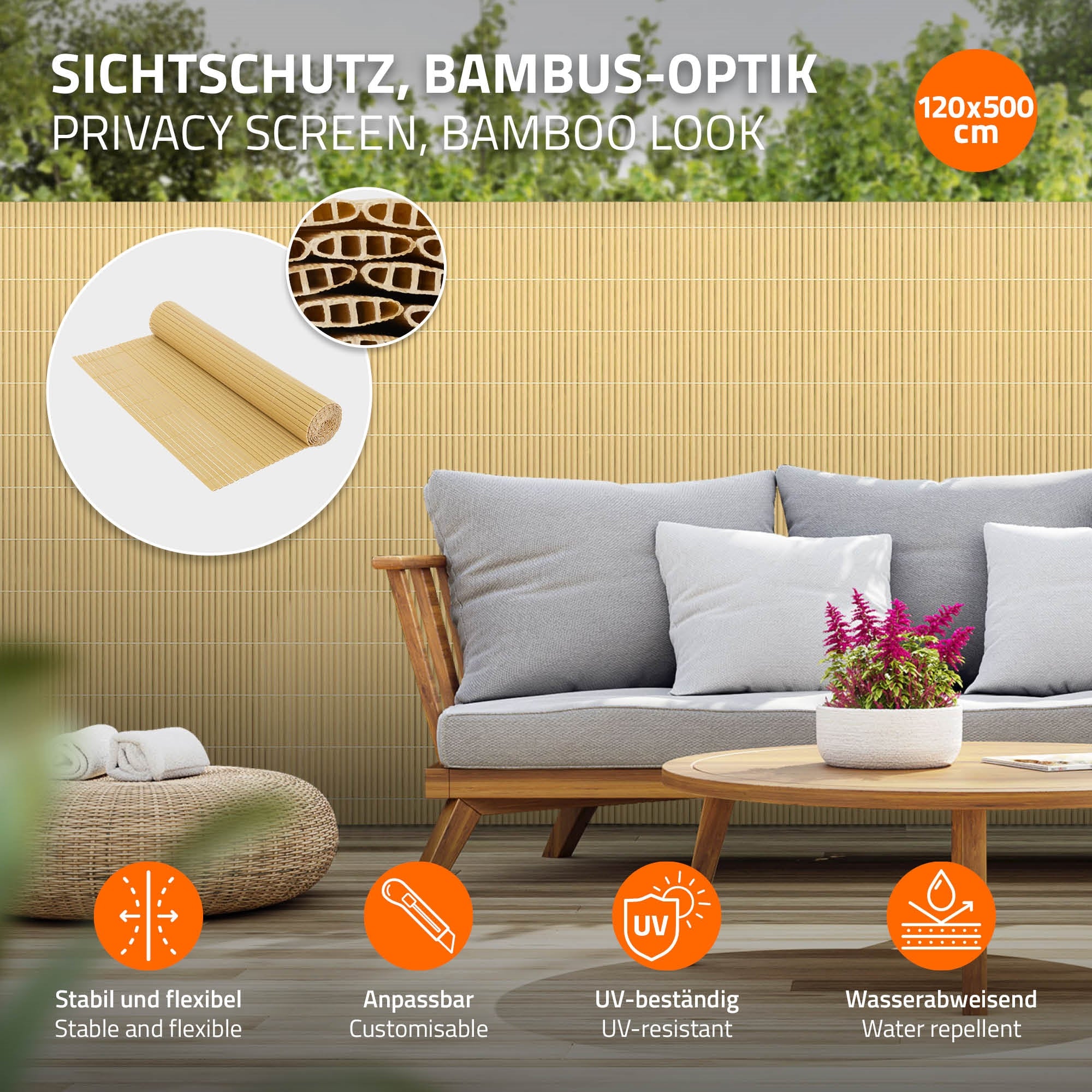 Sichtschutz in Bambus-Optik, zusammen mit einem Sofa und Informationen zu Eigenschaften.