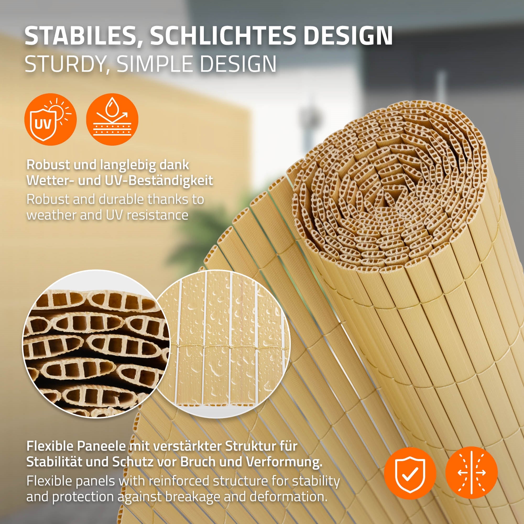 Flexible panels with a stable structure, weatherproof and UV-resistant.