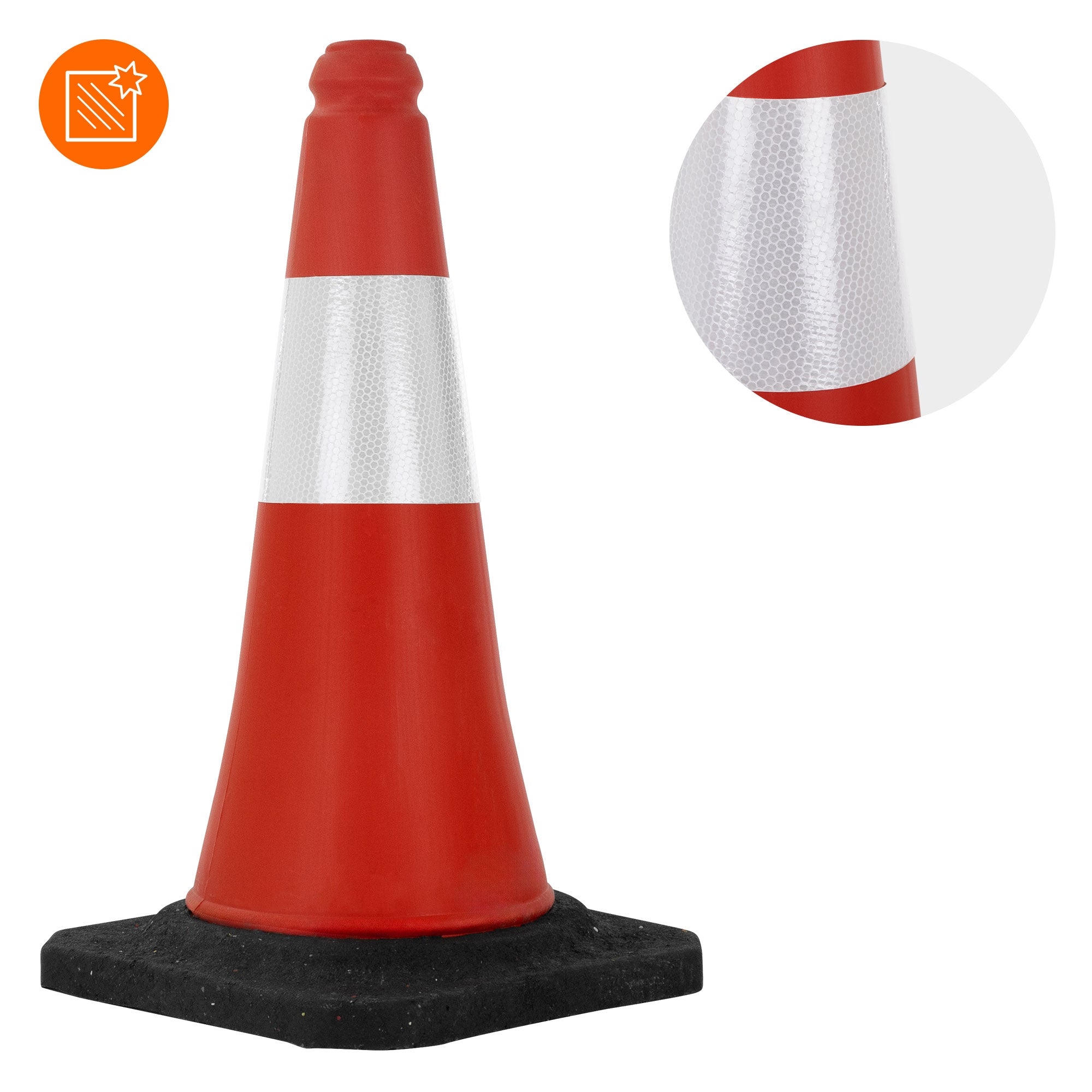 Roter Verkehrshütchen mit reflektierender Streifen, auf schwarzem Untergrund.