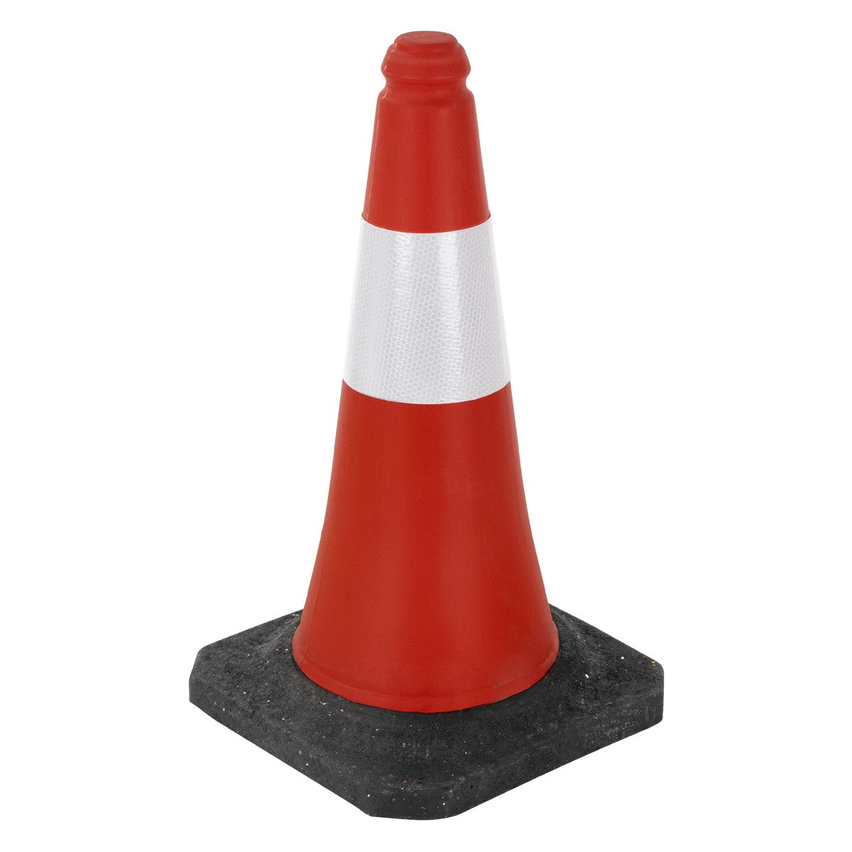 Red traffic cone with a white stripe on a black base.