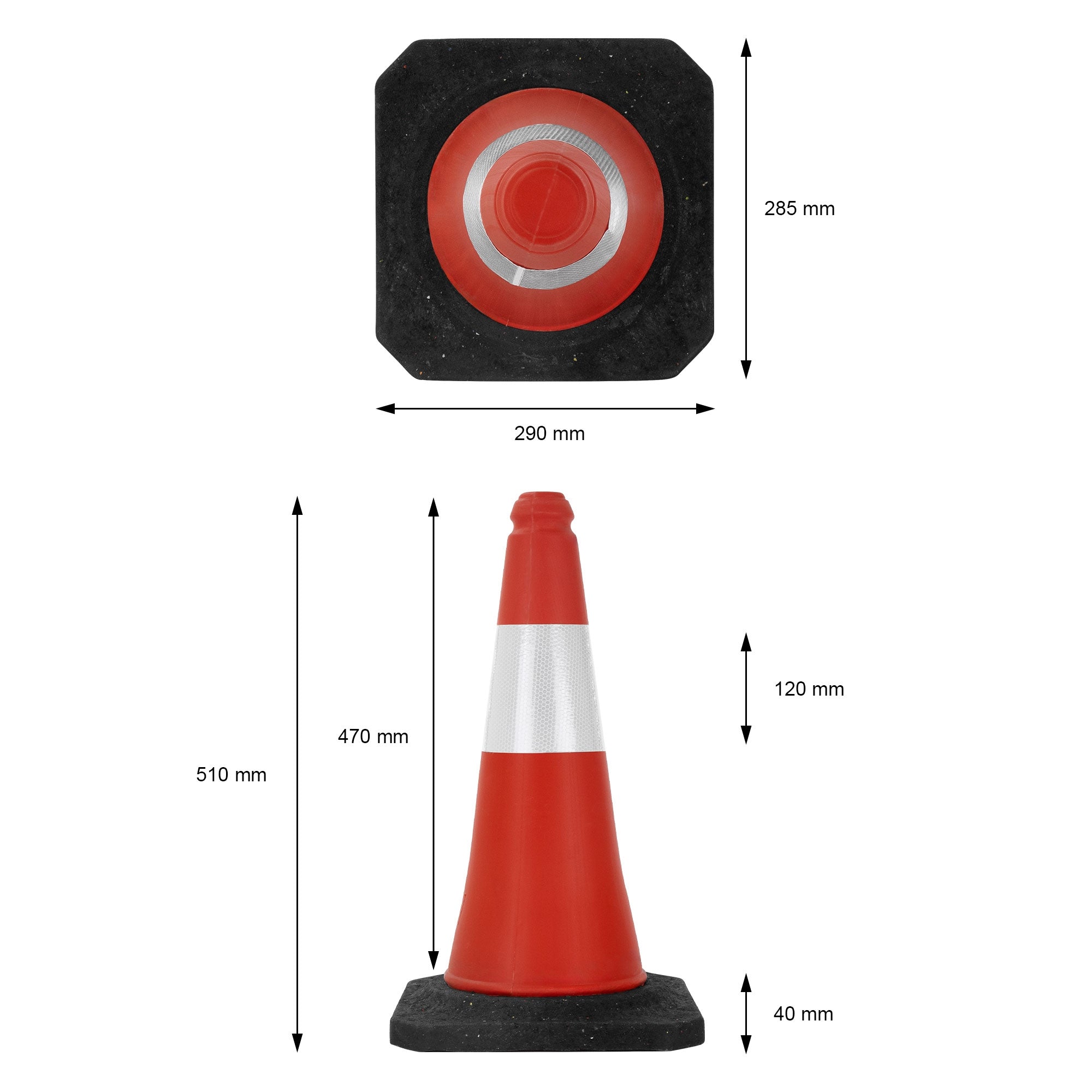 Rote Verkehrshütchen auf schwarzem Untergrund, Maße angegeben.