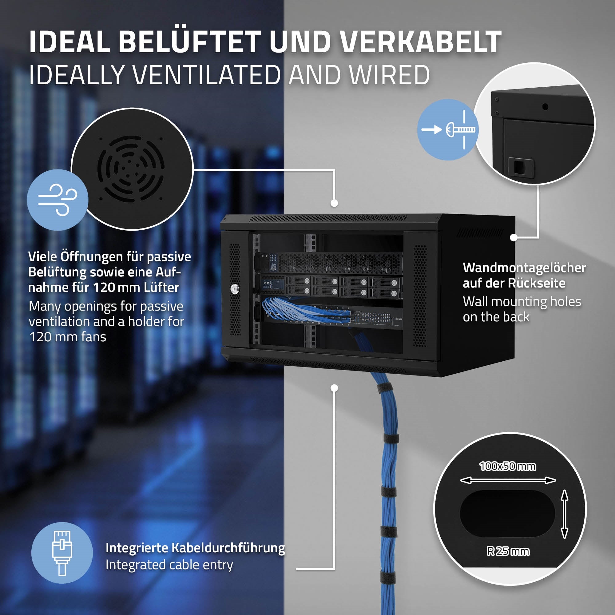 Schwarzer Server-Schrank mit Kabeln und Lüftungsöffnungen, Wandmontage möglich.