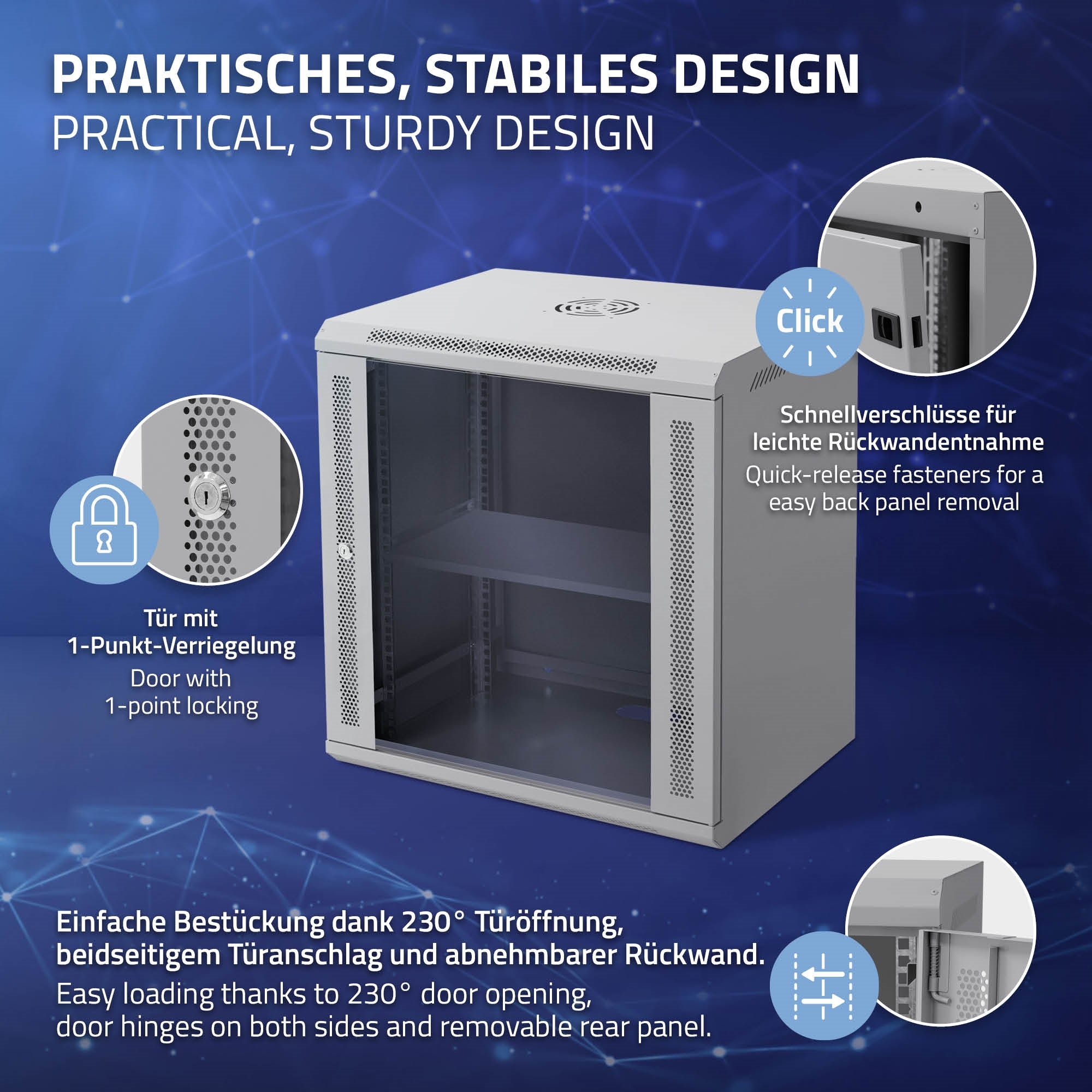 Grauer Serverschrank mit Tür und zwei Regalen, auf blauem Hintergrund.