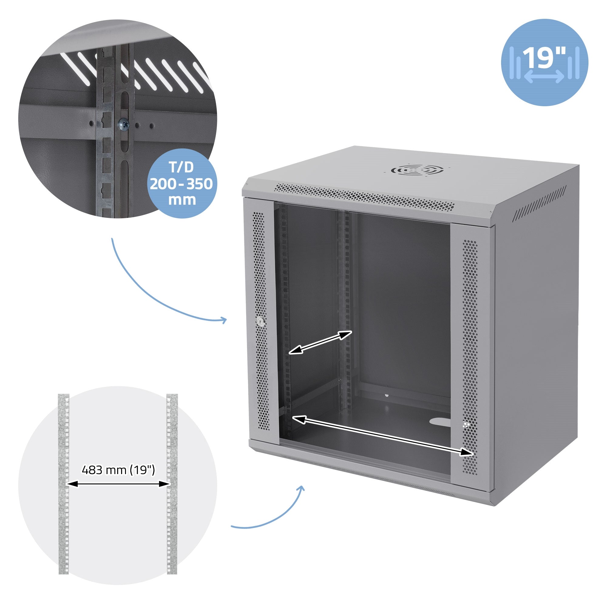Grauer Netzwerkschrank mit 12 Höheneinheiten, 19 Zoll, 600 x 635 x 450 mm.
