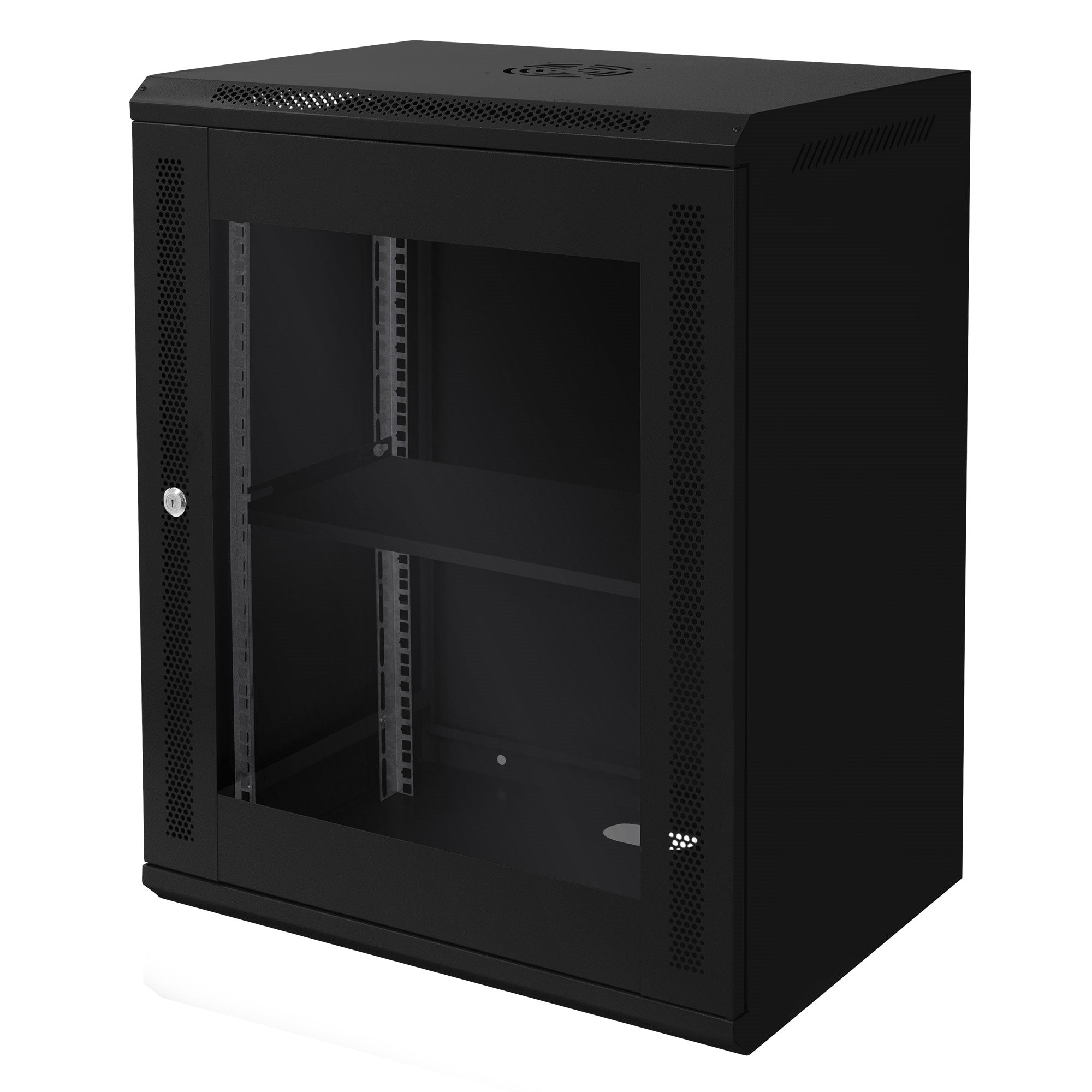 Schwarzer Serverschrank mit Glastür und zwei Regalen.