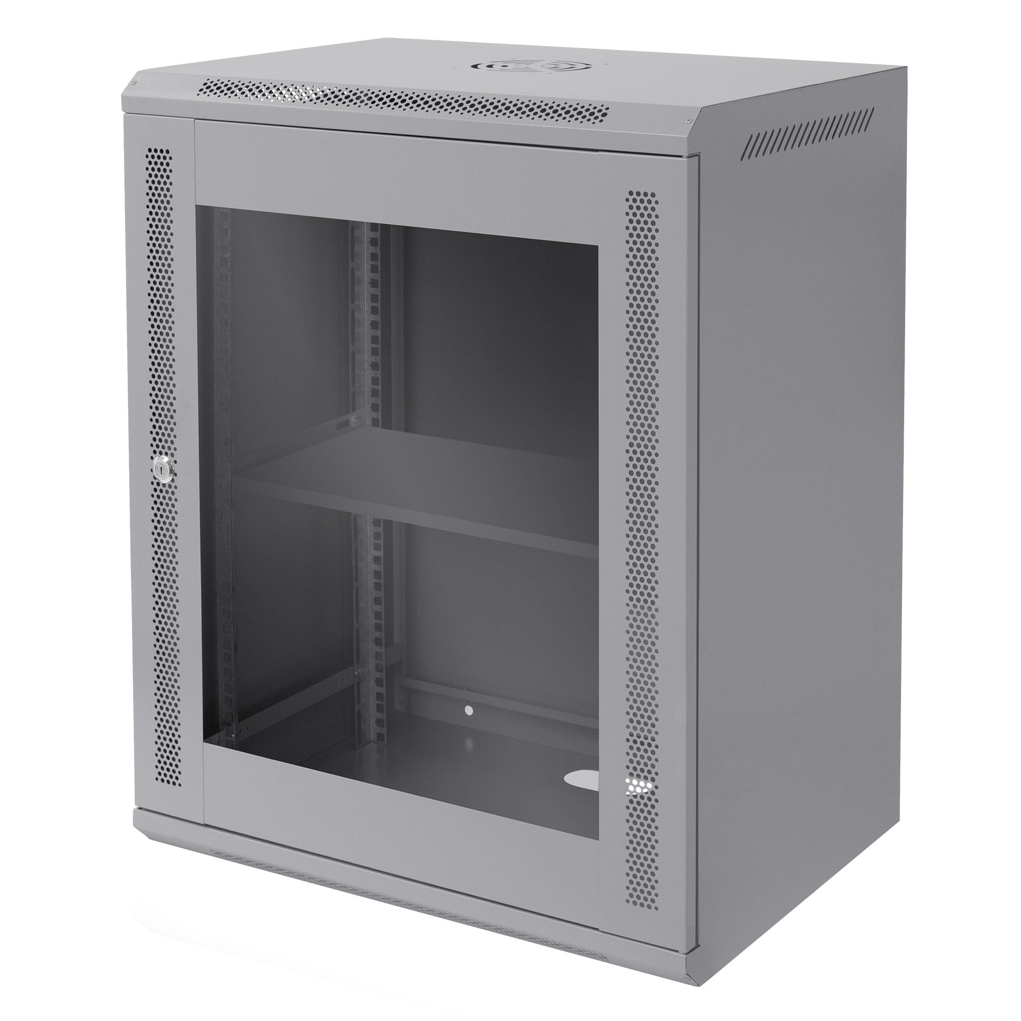 Grauer Serverschrank mit Glastür, einem Regal und Belüftung.