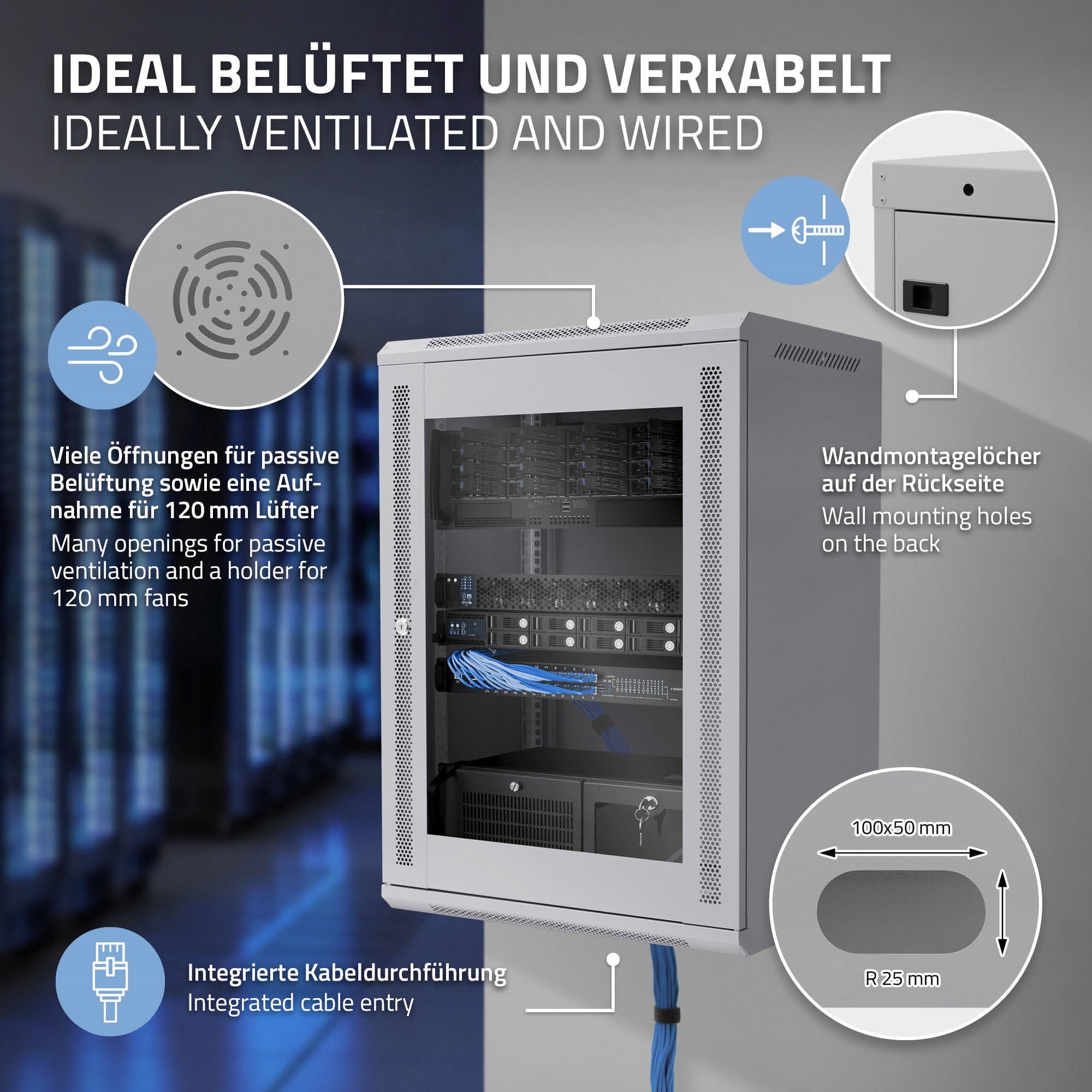 White server cabinet with cables and ventilation slots, mounted on a wall.