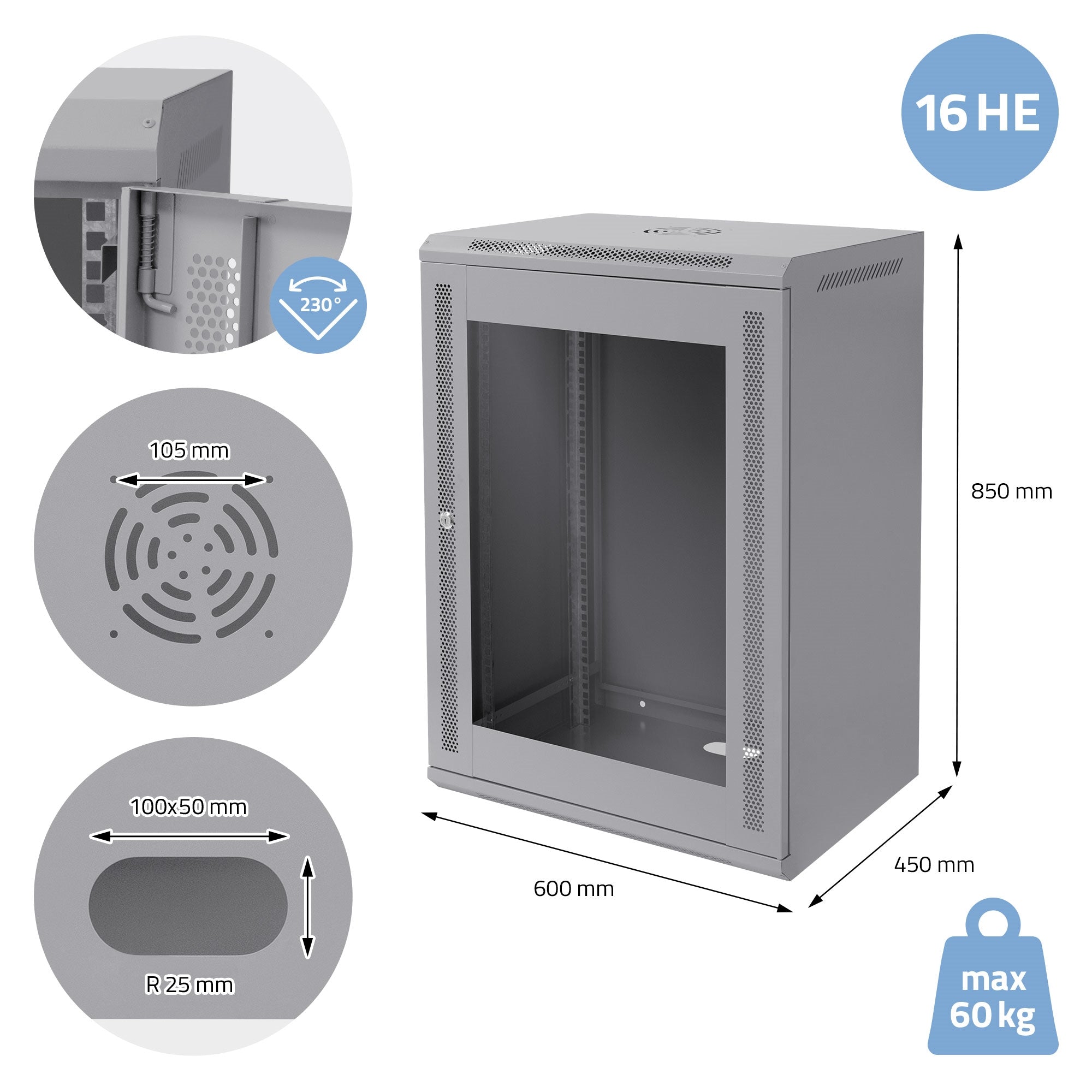 Gray server cabinet with glass front, 16 HE, 850 mm high, 600 mm wide.