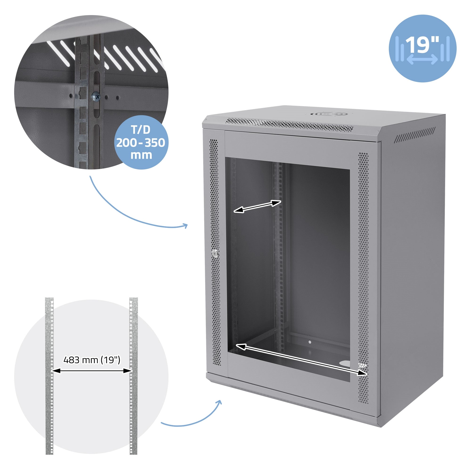 Gray network cabinet with glass door and adjustable shelves, 19 inches.