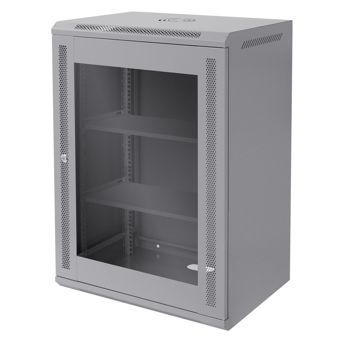 Gray server rack with a glass door and two shelves, side view.