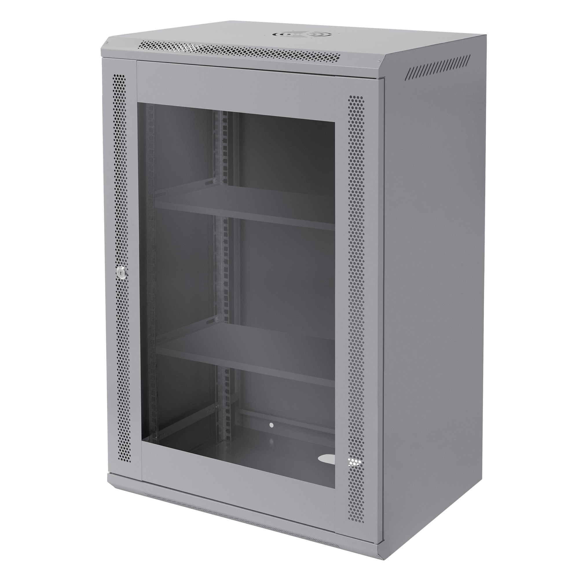 Grauer Schrank mit Glastür und zwei Regalen.