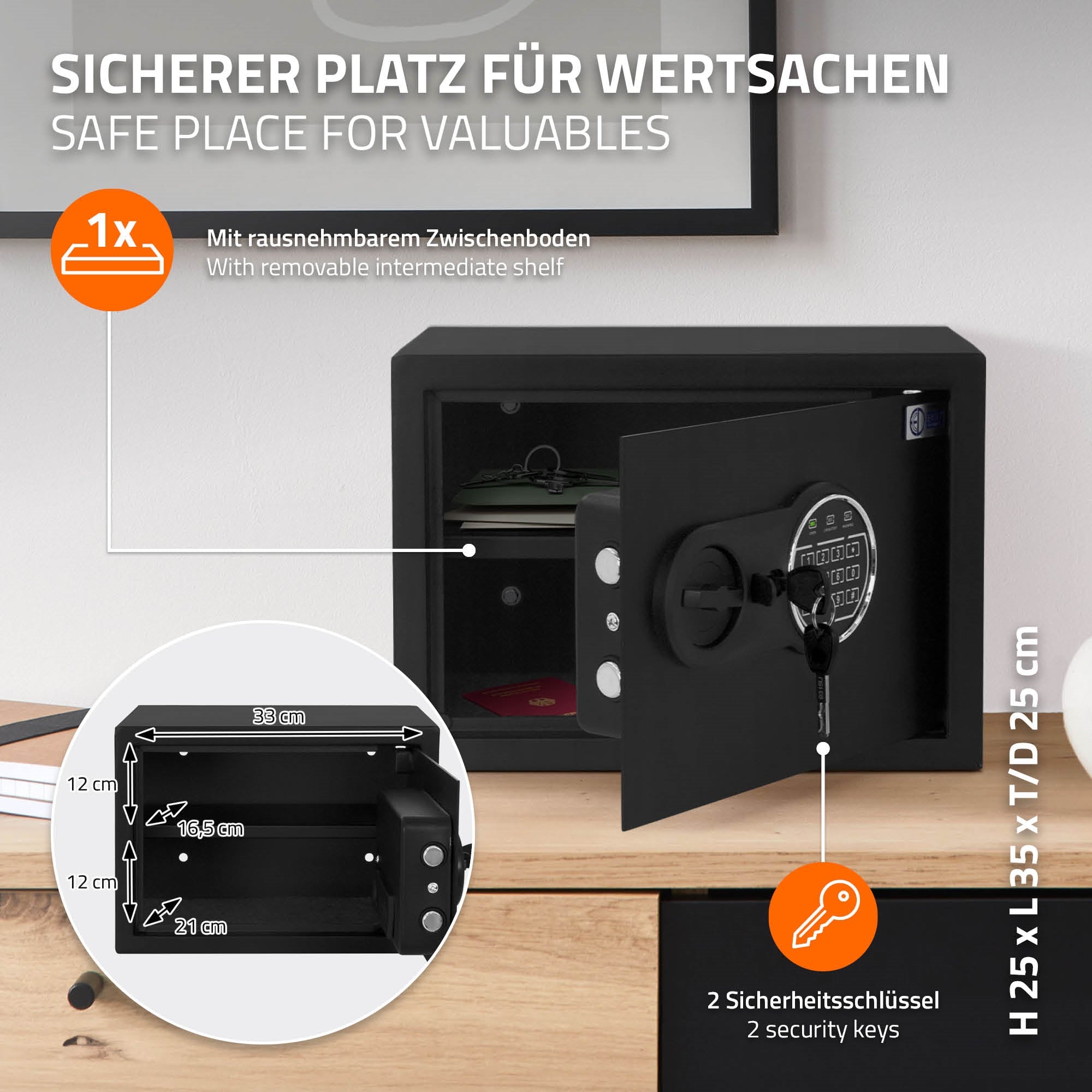 Schwarzer Safe mit offenem Tür, Schlüssel und digitalem Zahlenschloss.