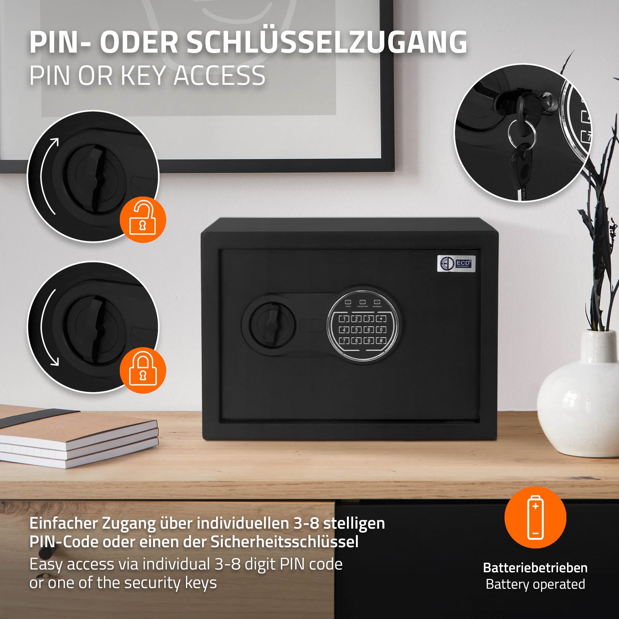 Schwarzer Safe mit PIN-Code und Schlüsselzugang auf einem Tisch.
