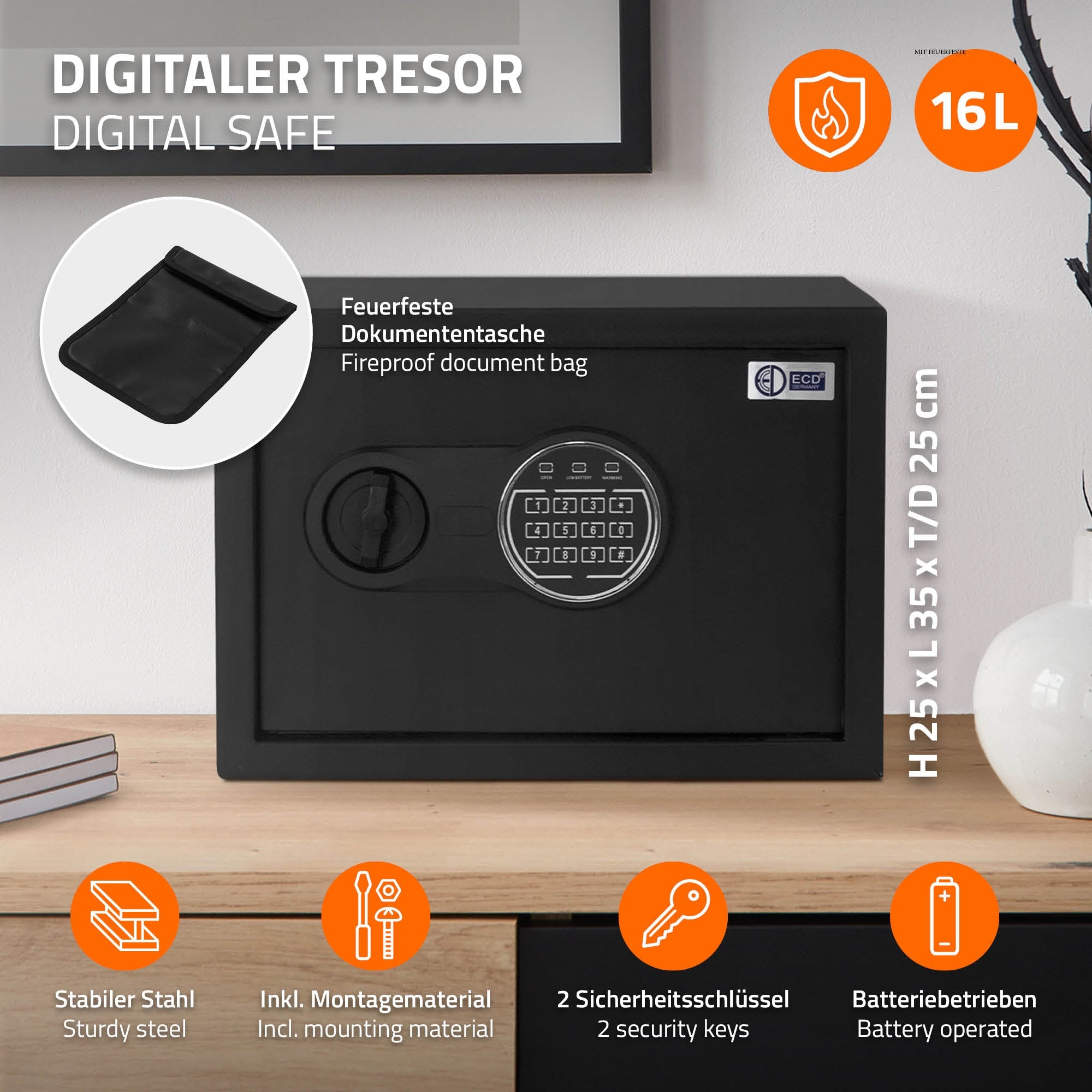 Ein digitaler Tresor mit einem Zahlenschloss und einer feuerfesten Dokumententasche.