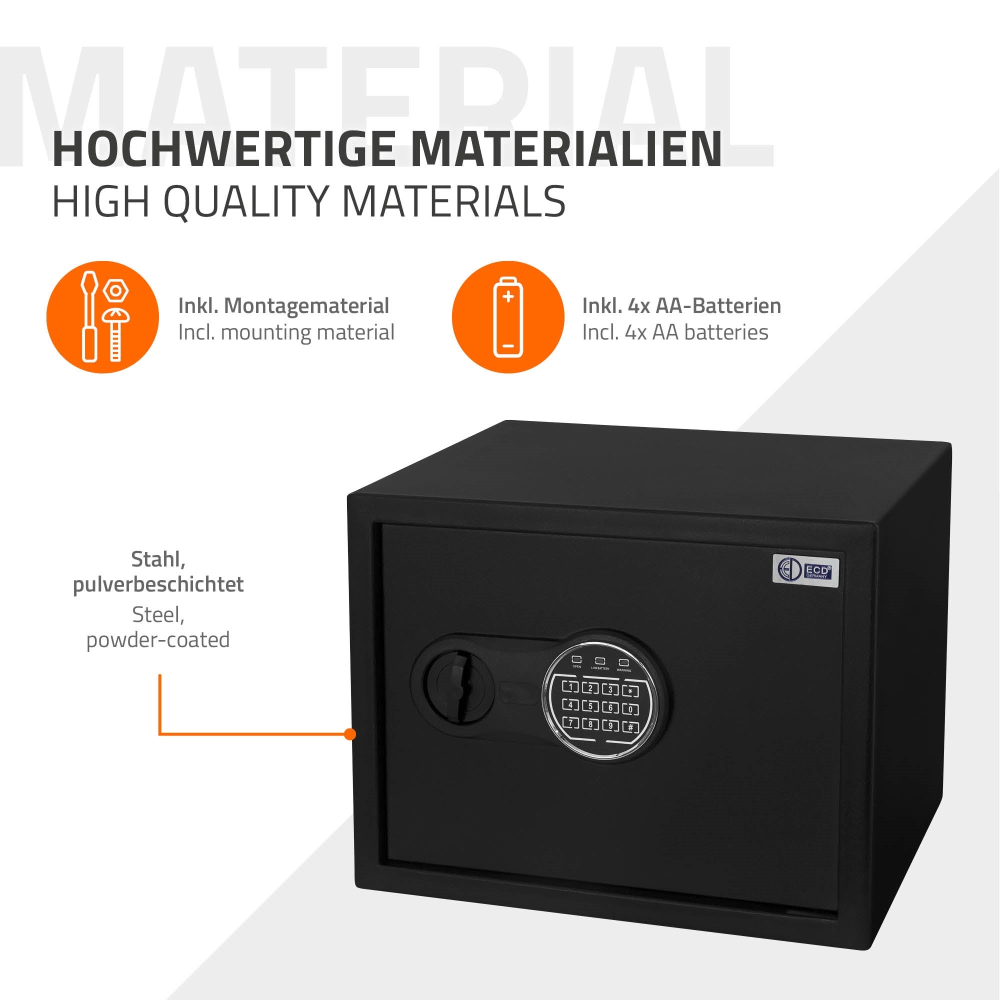 Sicherheitsbox aus pulverbeschichtetem Stahl, mit Zahlenkombination.
