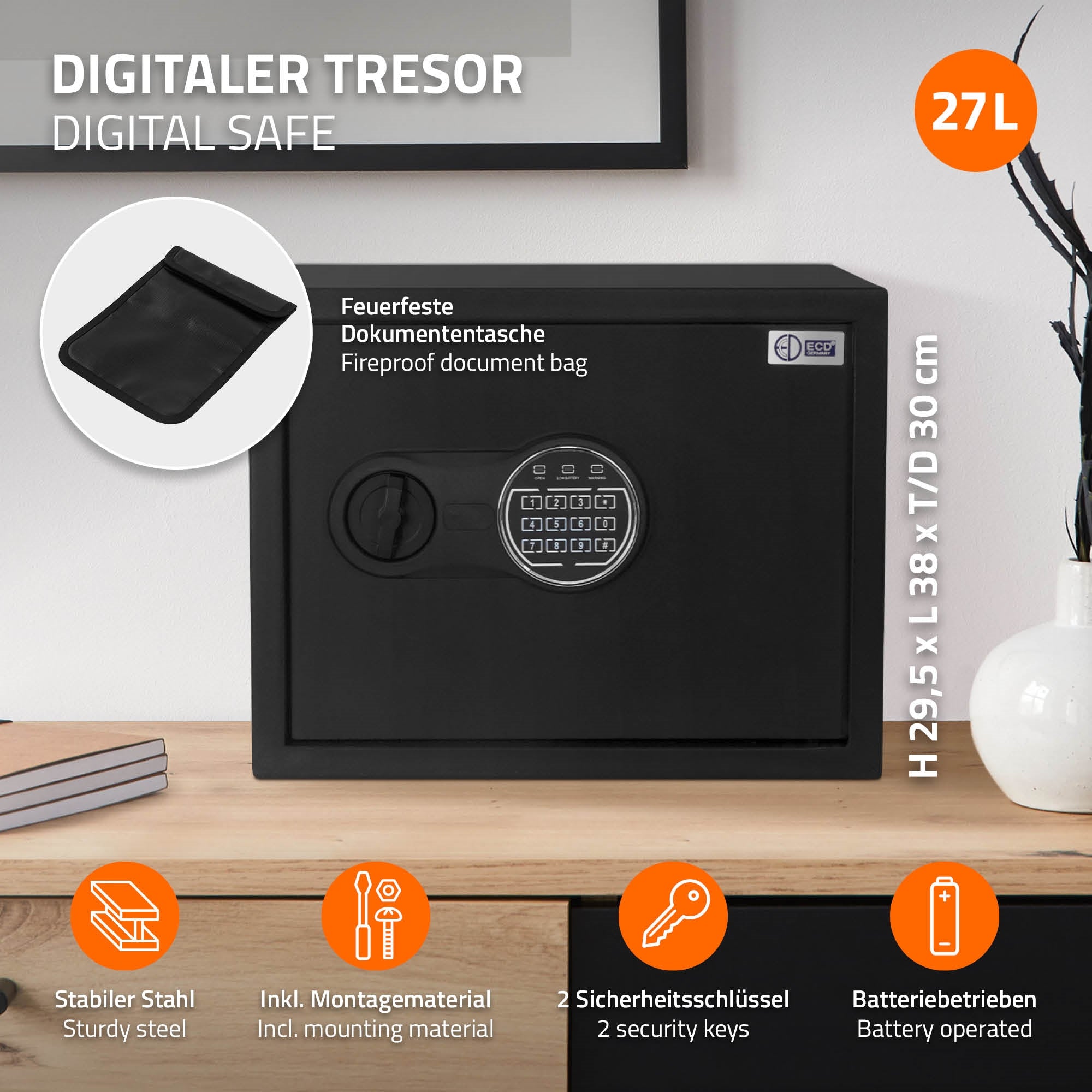 Schwarzer digitaler Tresor mit Zahlenschloss und Dokumententasche.