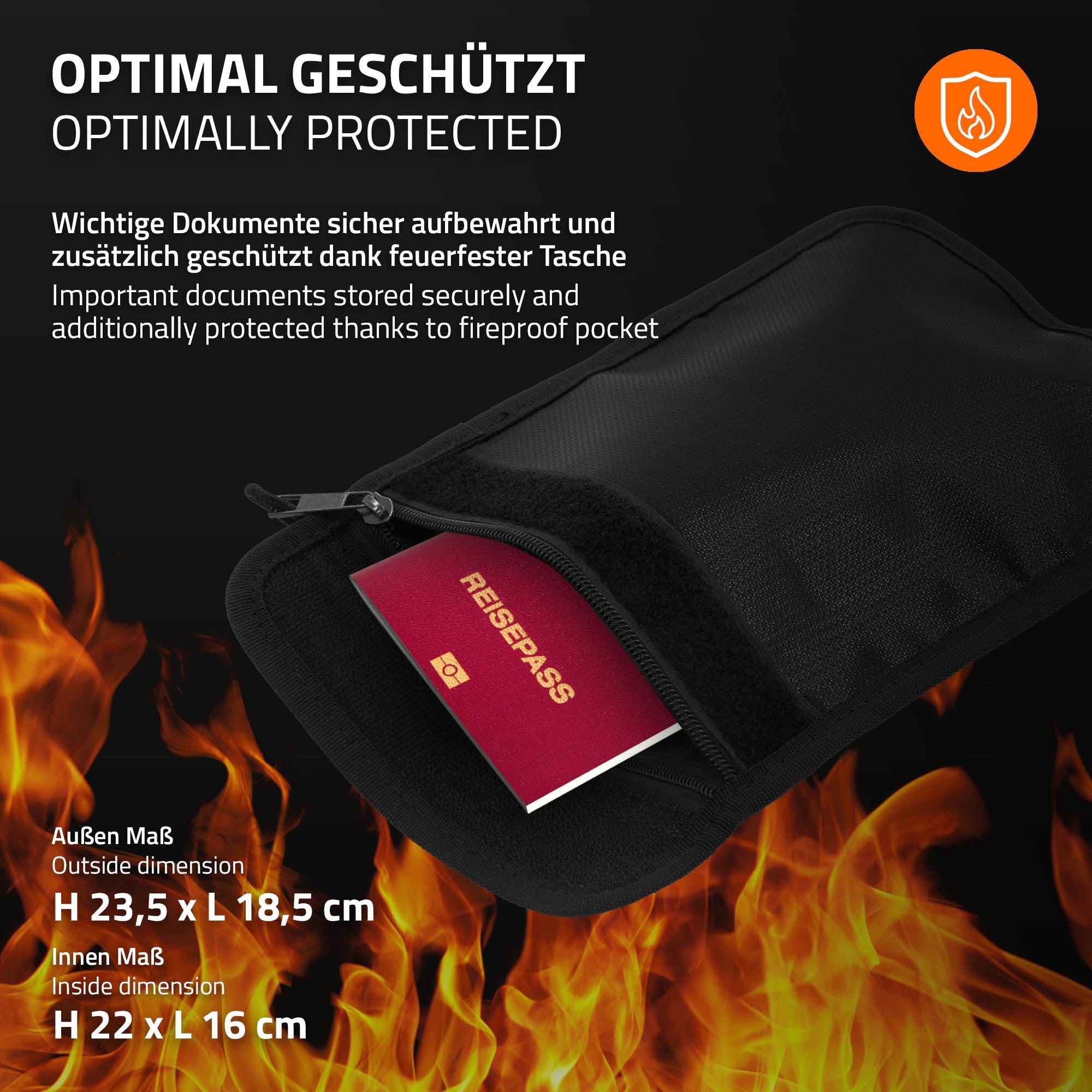 Fekete tűzálló táska dokumentumokkal és méretmegjelölésekkel.