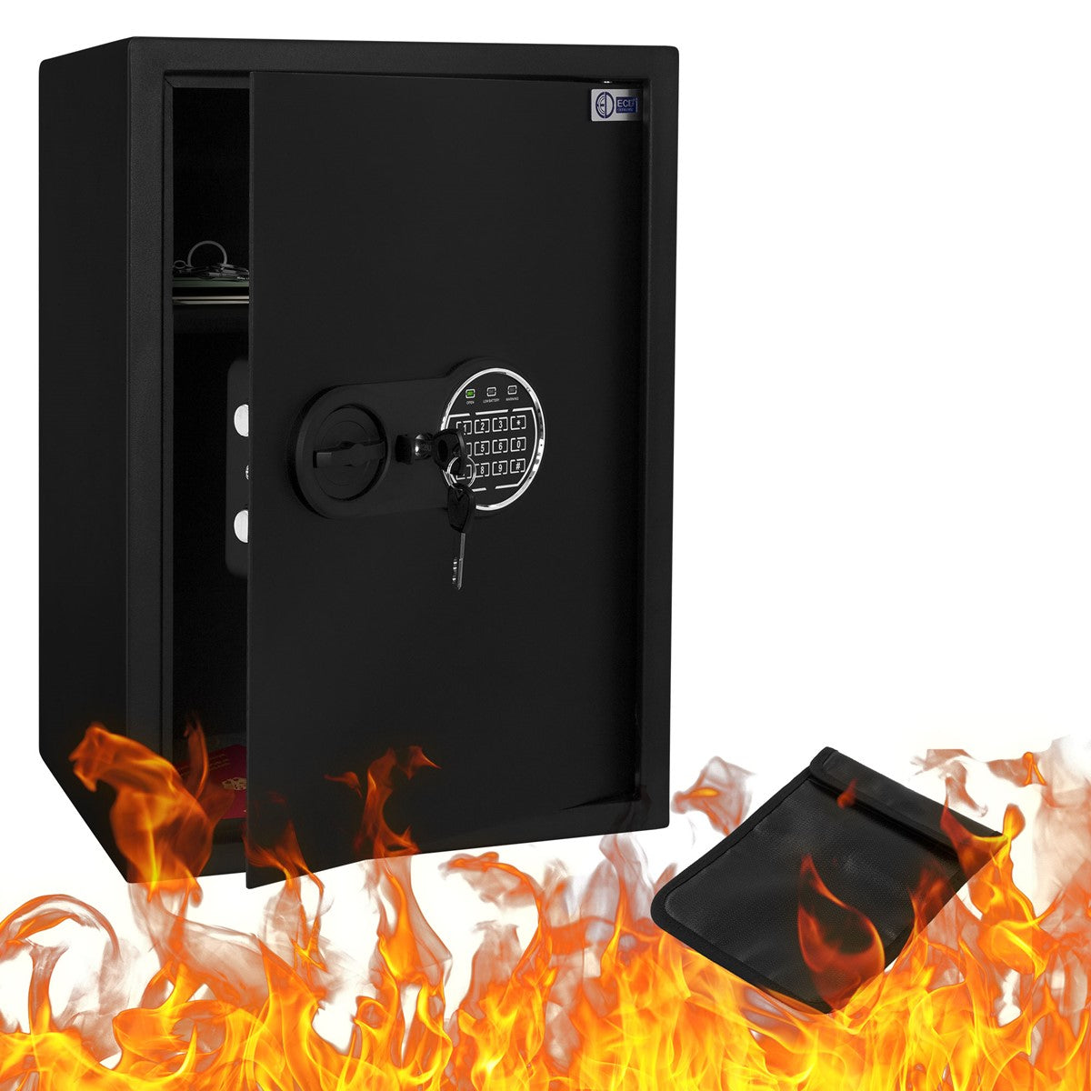Security box in front of blazing flames, with the lid open.