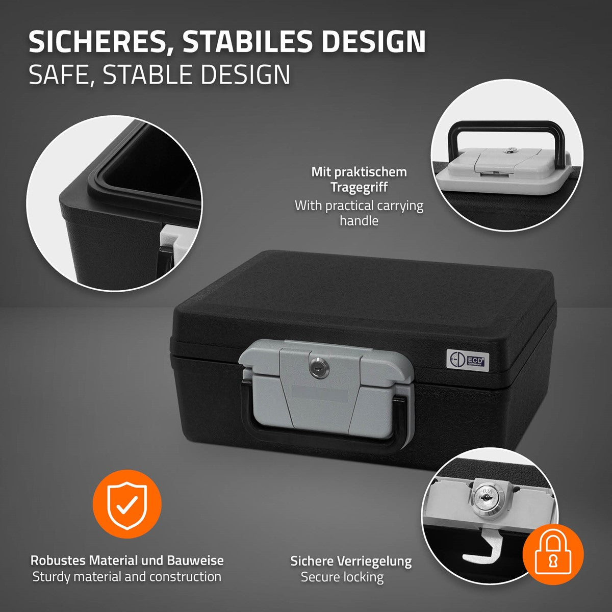 Black document box with a carrying handle and security lock.