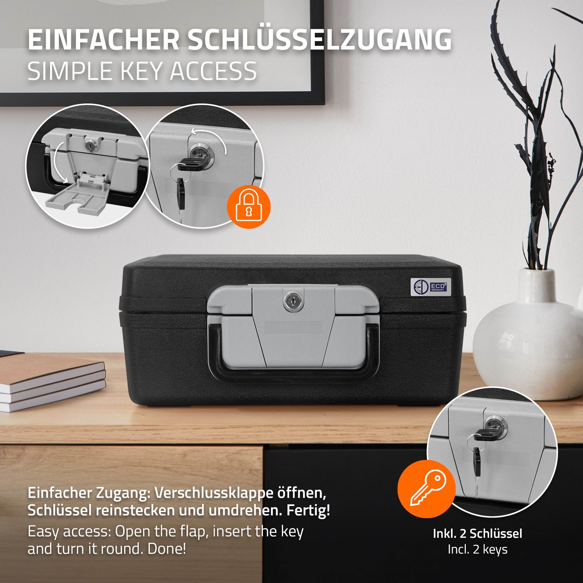 Schwarze Aufbewahrungsbox mit Schlüsselzugang auf einem Tisch.