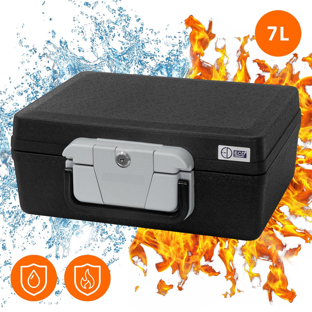 Security box with water and fire protection, graphic safety symbols.
