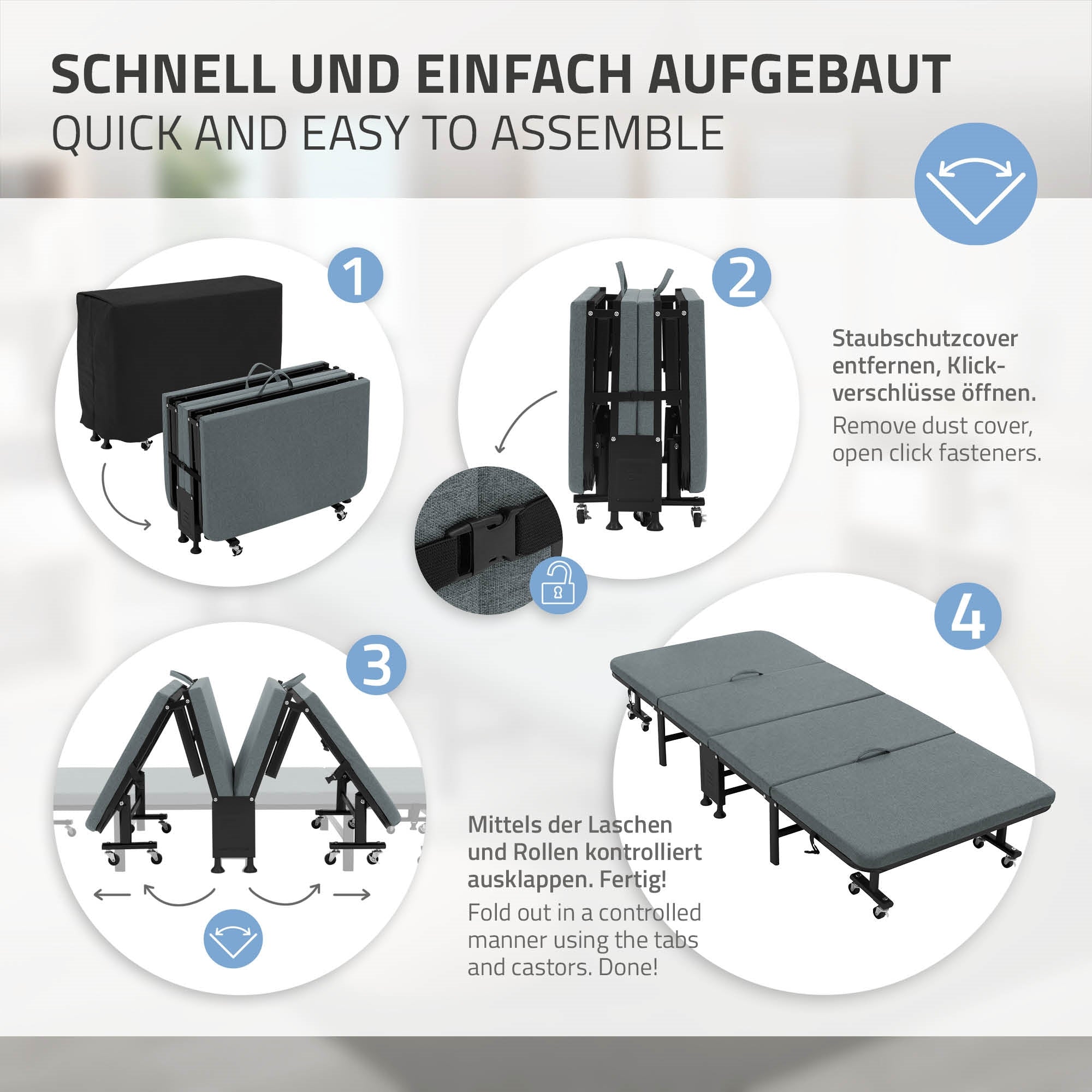 Anleitung zum schnellen Aufbau eines Klappbettes mit vier Schritten und Bildern.