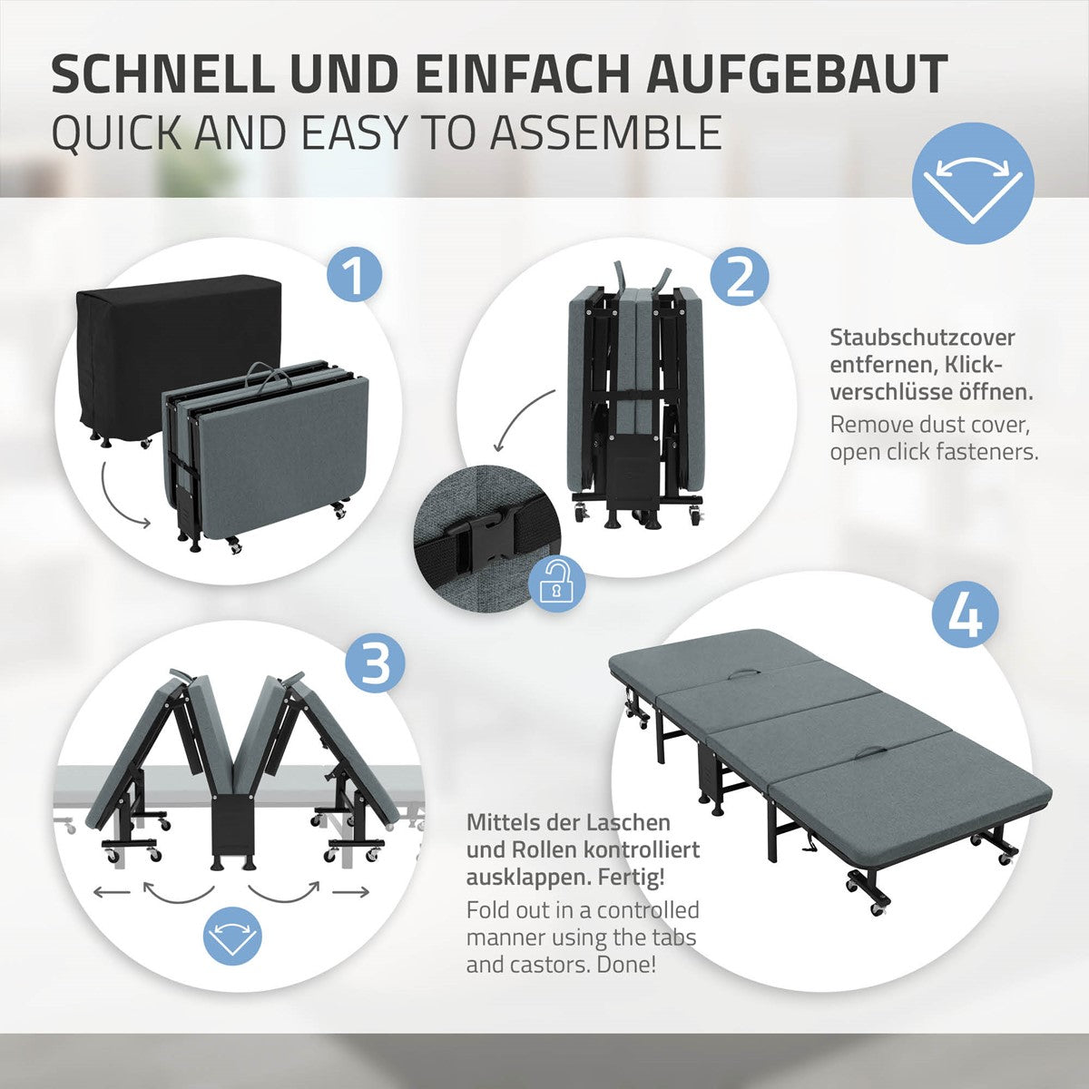 Anleitung zum schnellen Aufbau eines Klappbettes mit vier Schritten und Bildern.