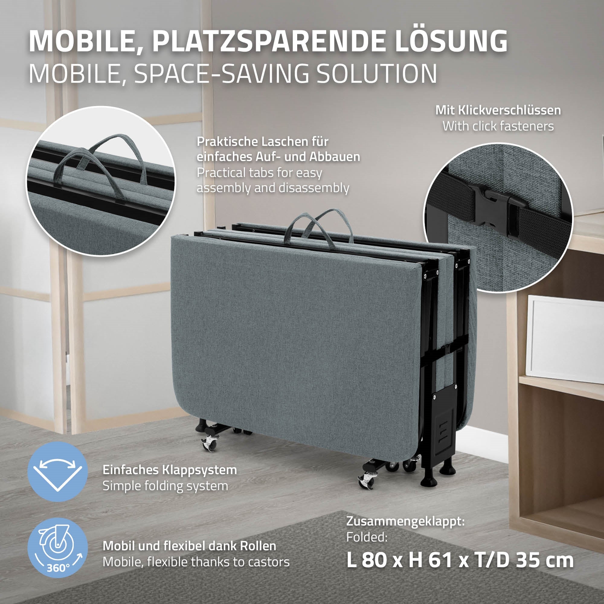 Faltbares Bett mit Klappmechanismus, auf grauem Hintergrund.