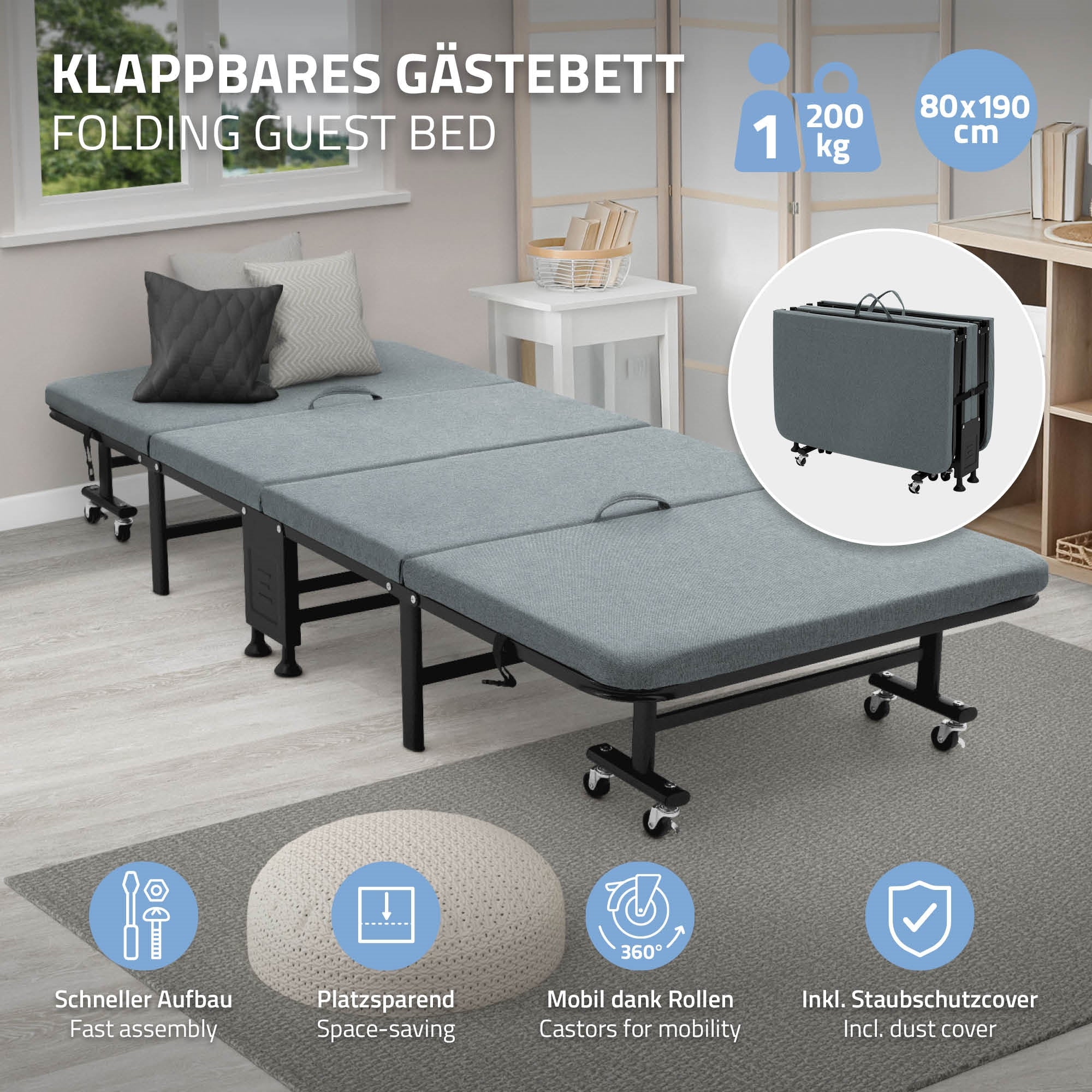 Klappbares Gästebett, platzsparend und mit Staubschutzcover.