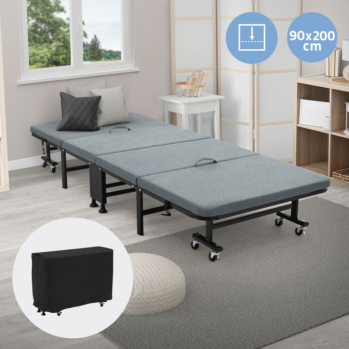 Foldable bed with mattress, on wheels and in a room.